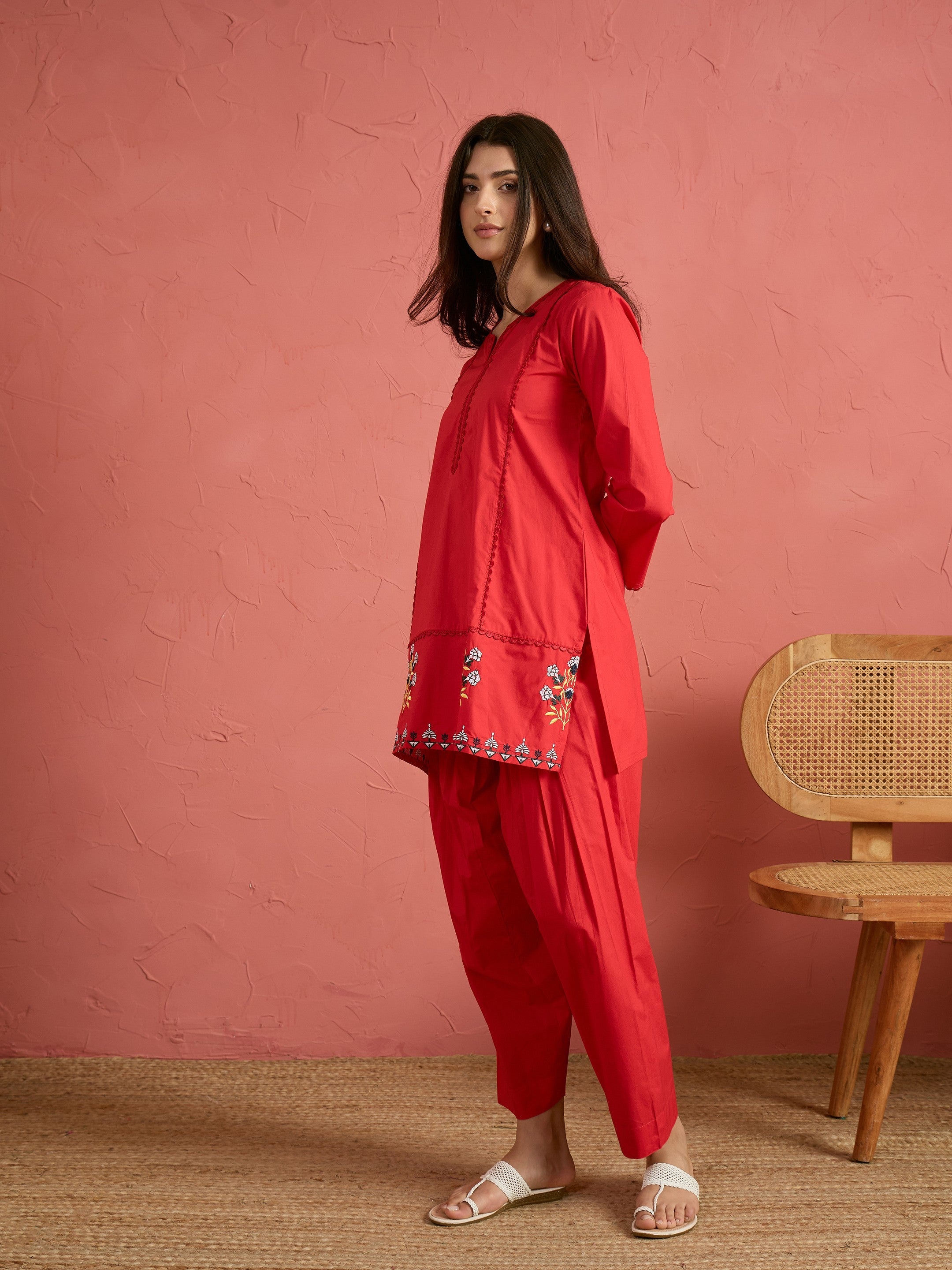 Women Red Embroidered Short Kurta With Farshi Salwar