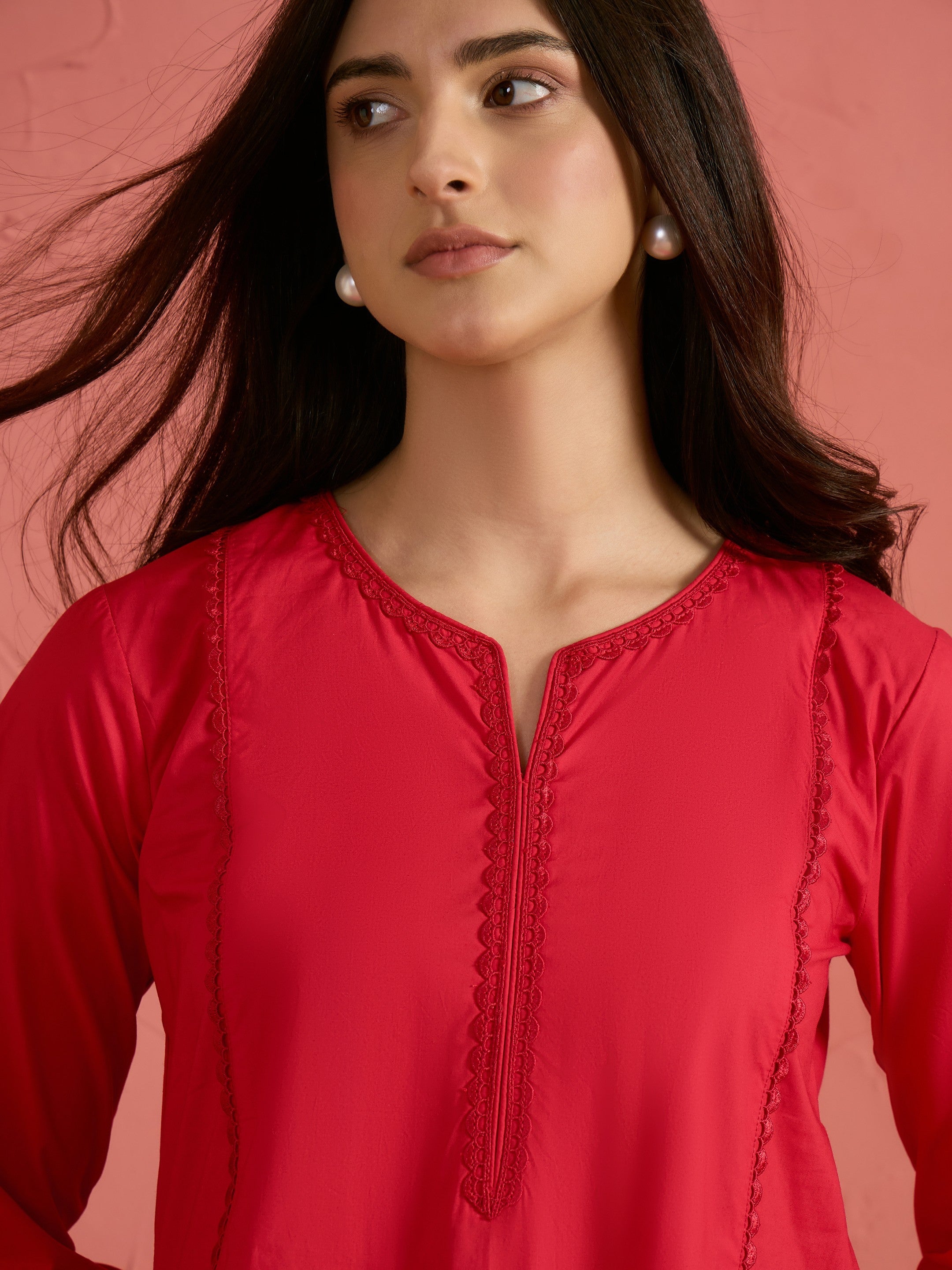 Women Red Embroidered Short Kurta With Farshi Salwar