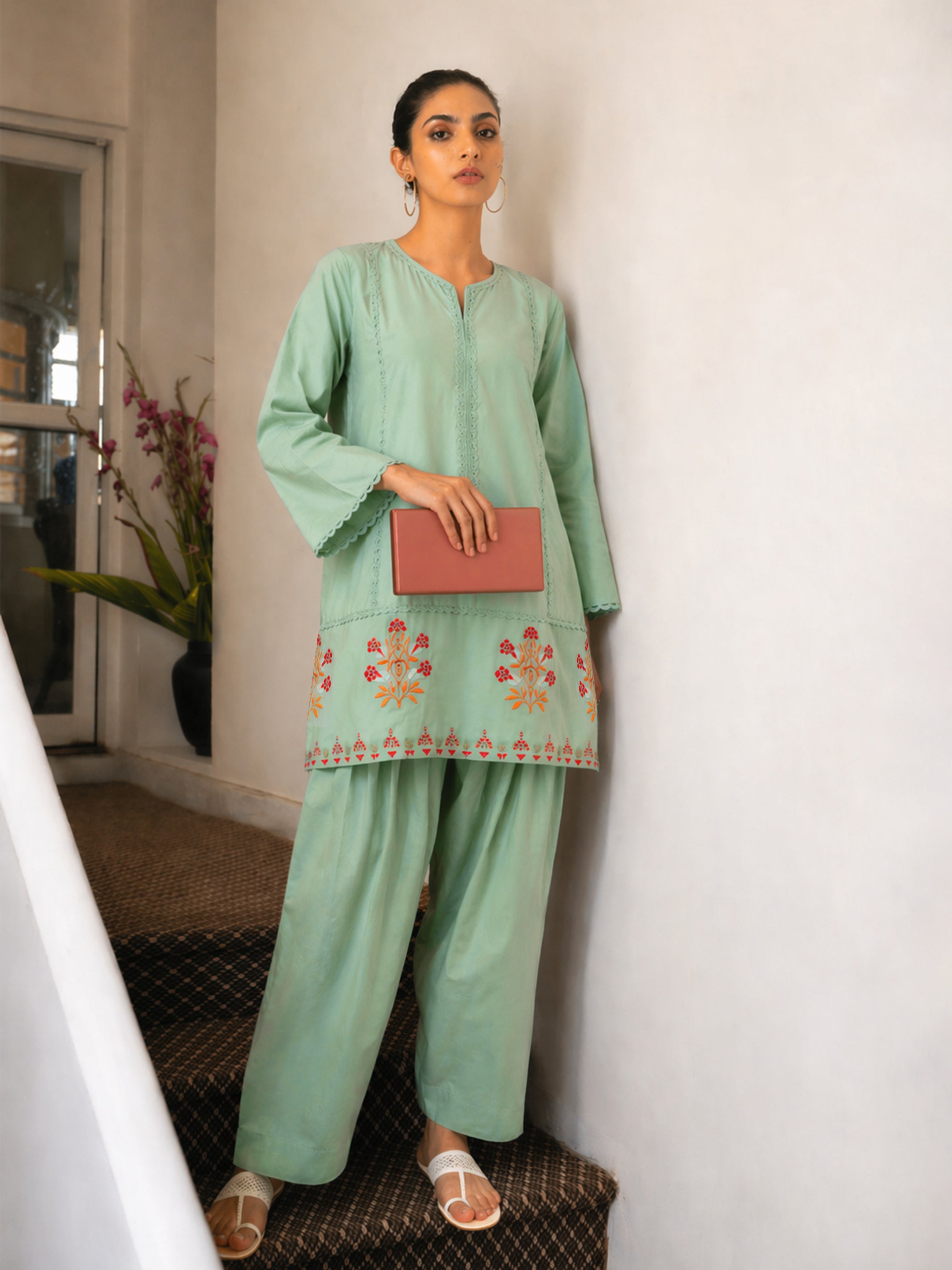 Women Sea Green Embroidered Short Kurta With Farshi Salwar