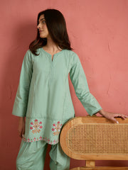 Women Sea Green Embroidered Short Kurta With Farshi Salwar