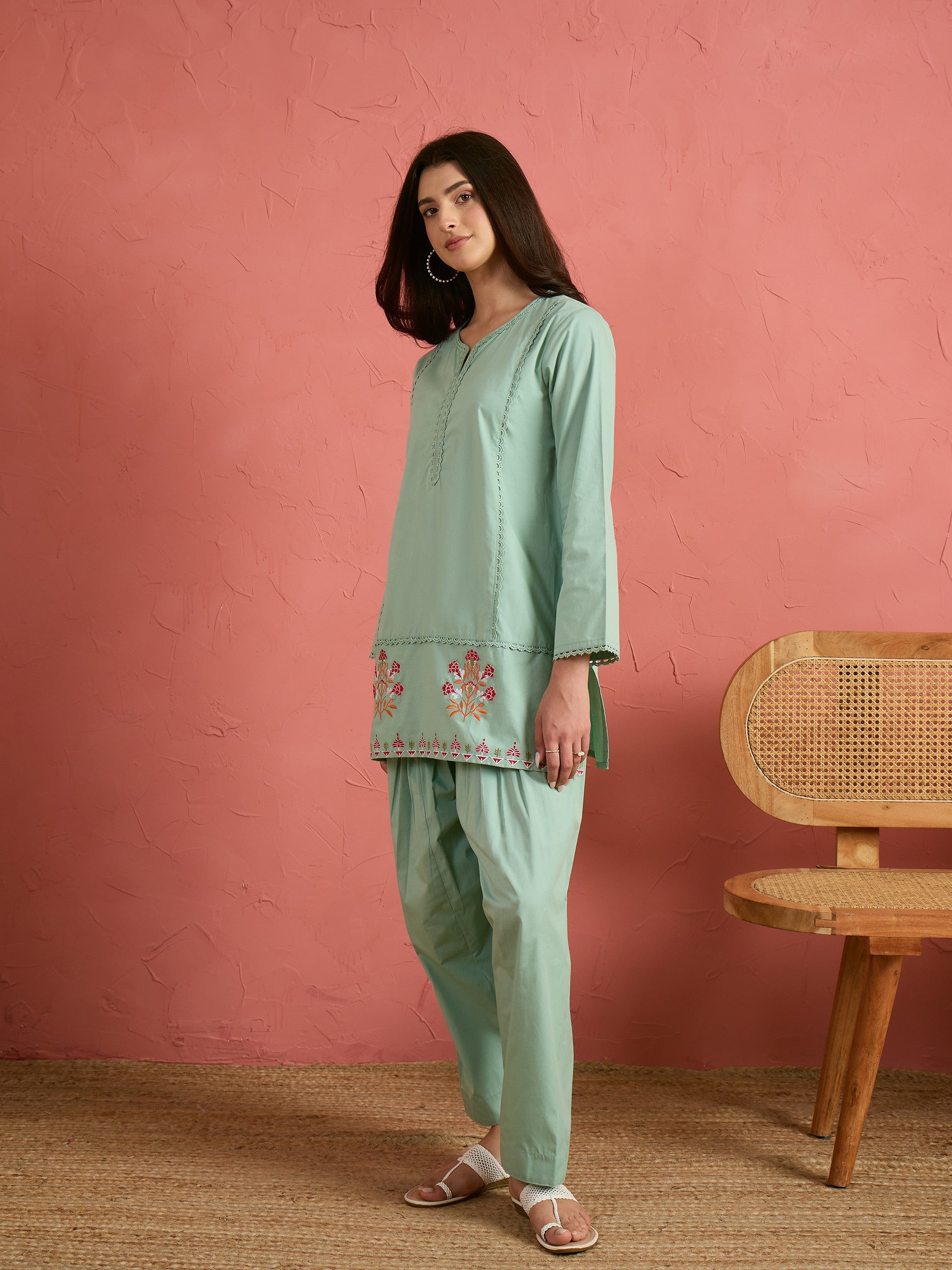 Women Sea Green Embroidered Short Kurta With Farshi Salwar