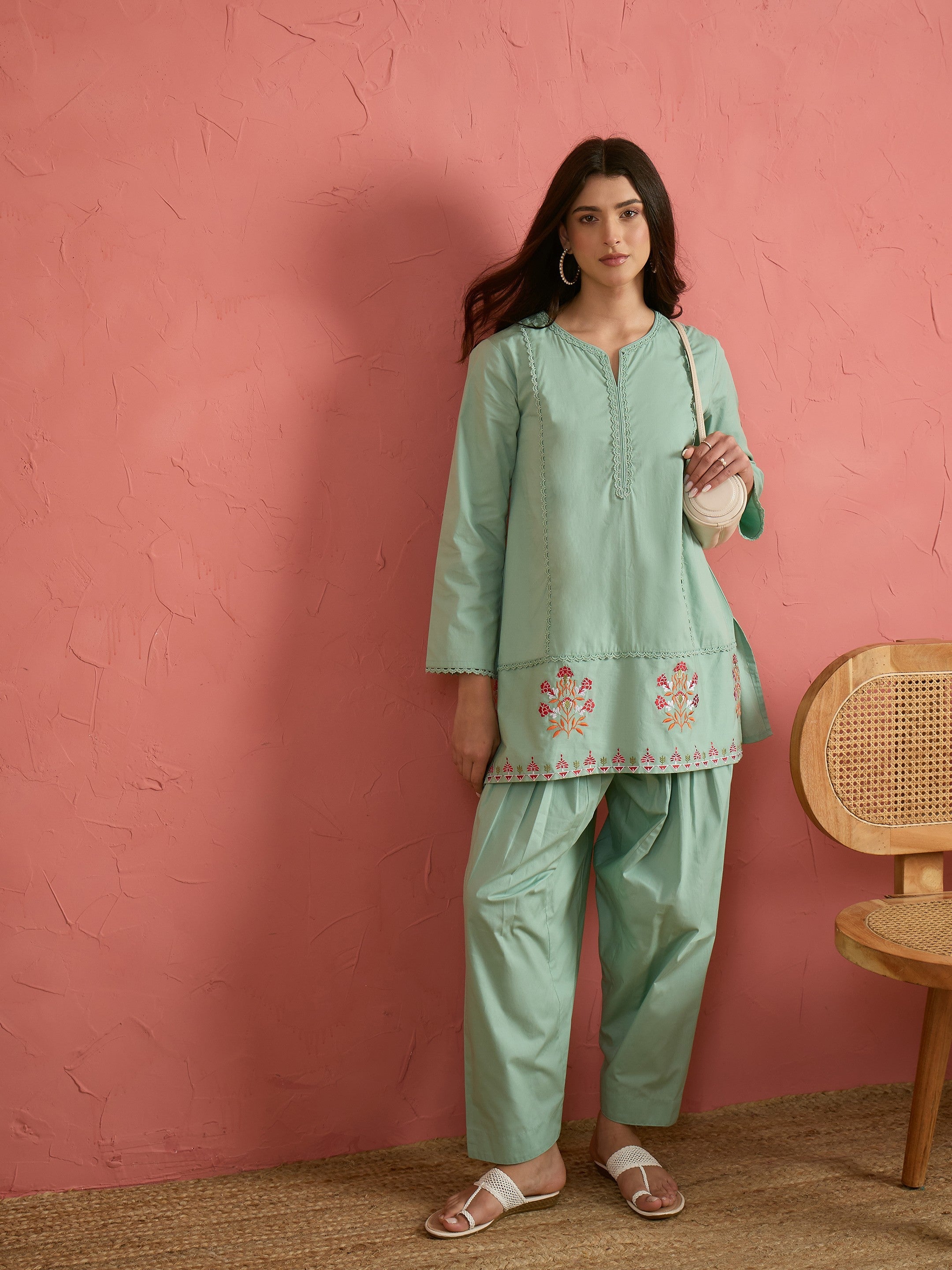 Women Sea Green Embroidered Short Kurta With Farshi Salwar