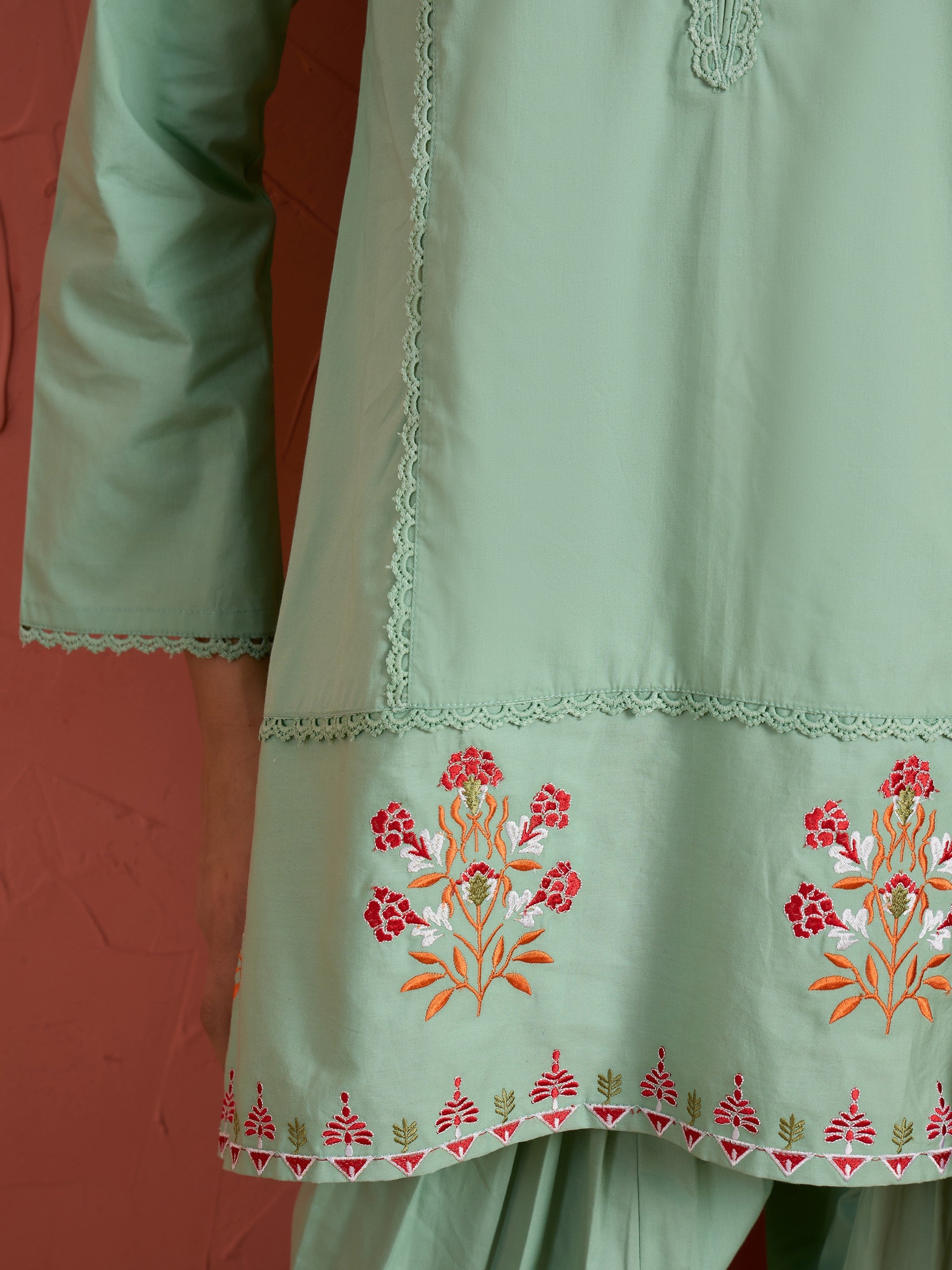 Women Sea Green Embroidered Short Kurta With Farshi Salwar