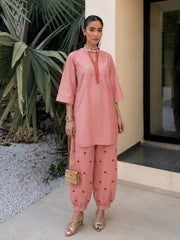 Women Onion Pink Embroidered Short Kurta With Straight Pants
