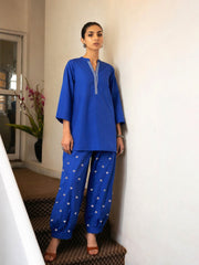 Women Royal Blue Embroidered Short Kurta With Straight Pants