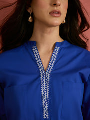 Women Royal Blue Embroidered Short Kurta With Straight Pants