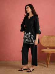 Women Black Cut Work Short Kurta With Straight Pants