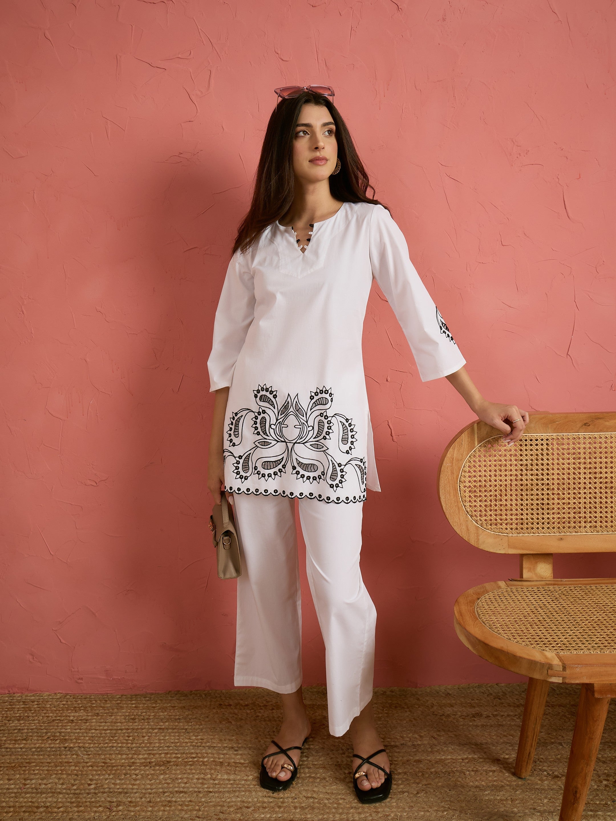 Women White Cut Work Short Kurta With Straight Pants