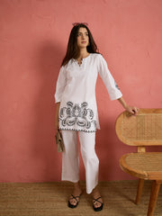 Women White Cut Work Short Kurta With Straight Pants
