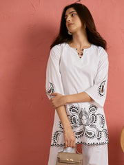 Women White Cut Work Short Kurta With Straight Pants