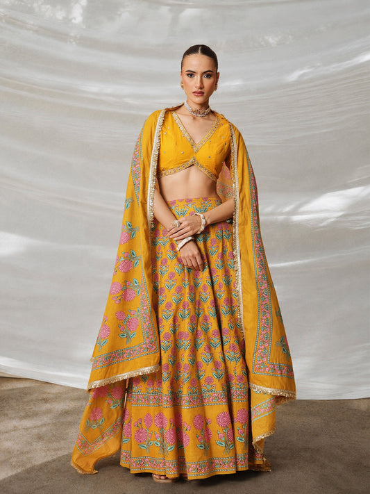 Yellow Embroidered Crop Top With Anarkali Skirt & Dupatta-Luxe - Shae by SASSAFRAS