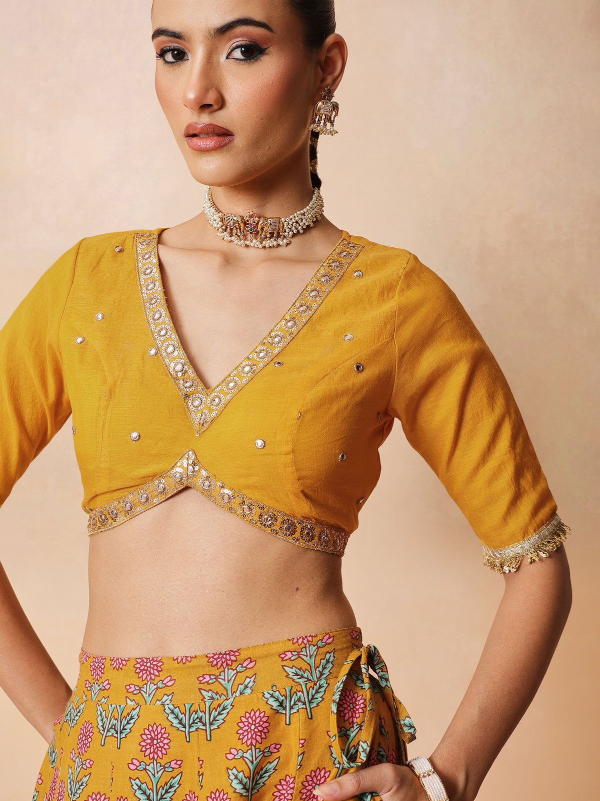 Yellow Embroidered Crop Top With Anarkali Skirt & Dupatta-Luxe - Shae by SASSAFRAS