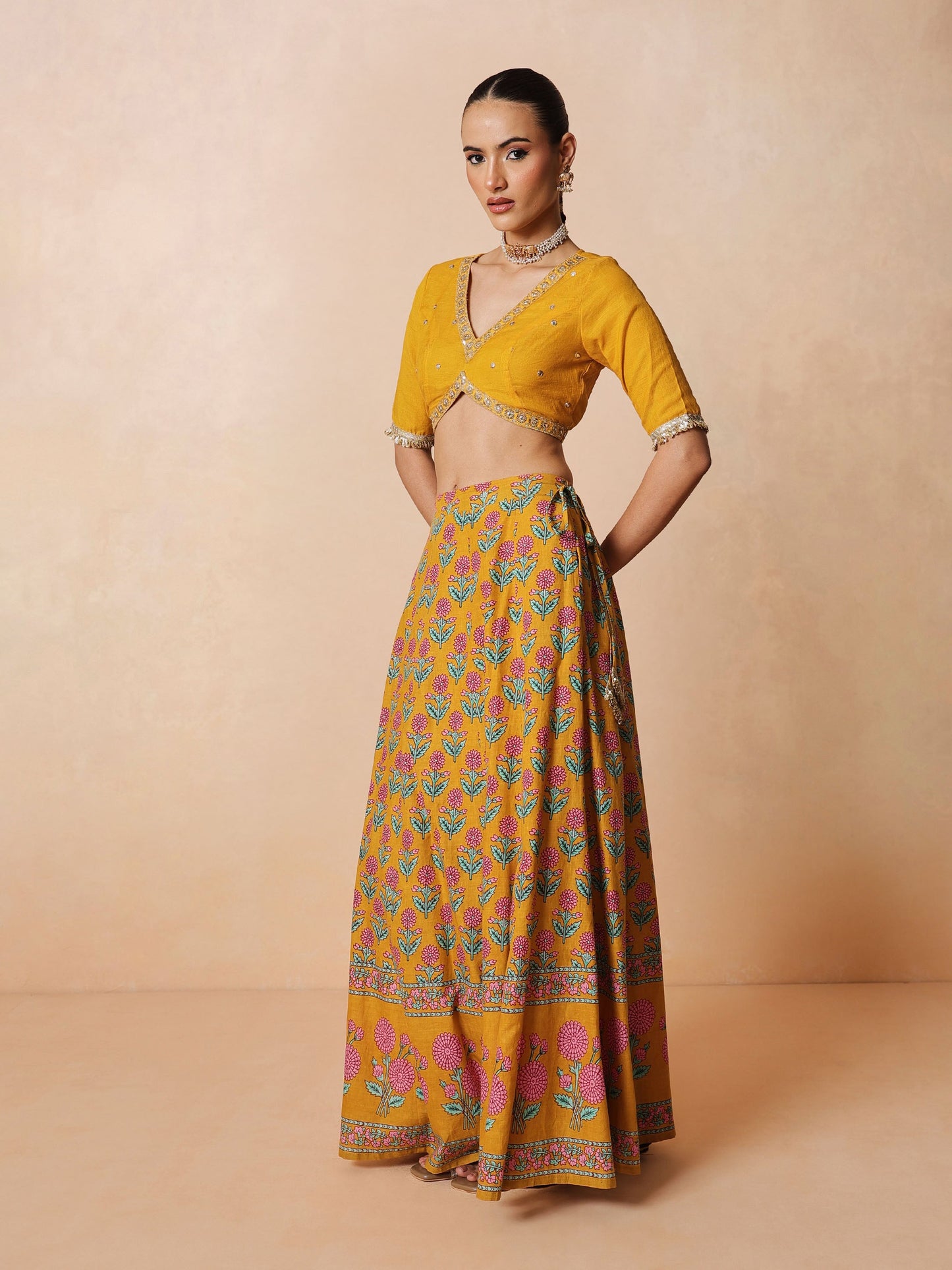 Yellow Embroidered Crop Top With Anarkali Skirt & Dupatta-Luxe - Shae by SASSAFRAS