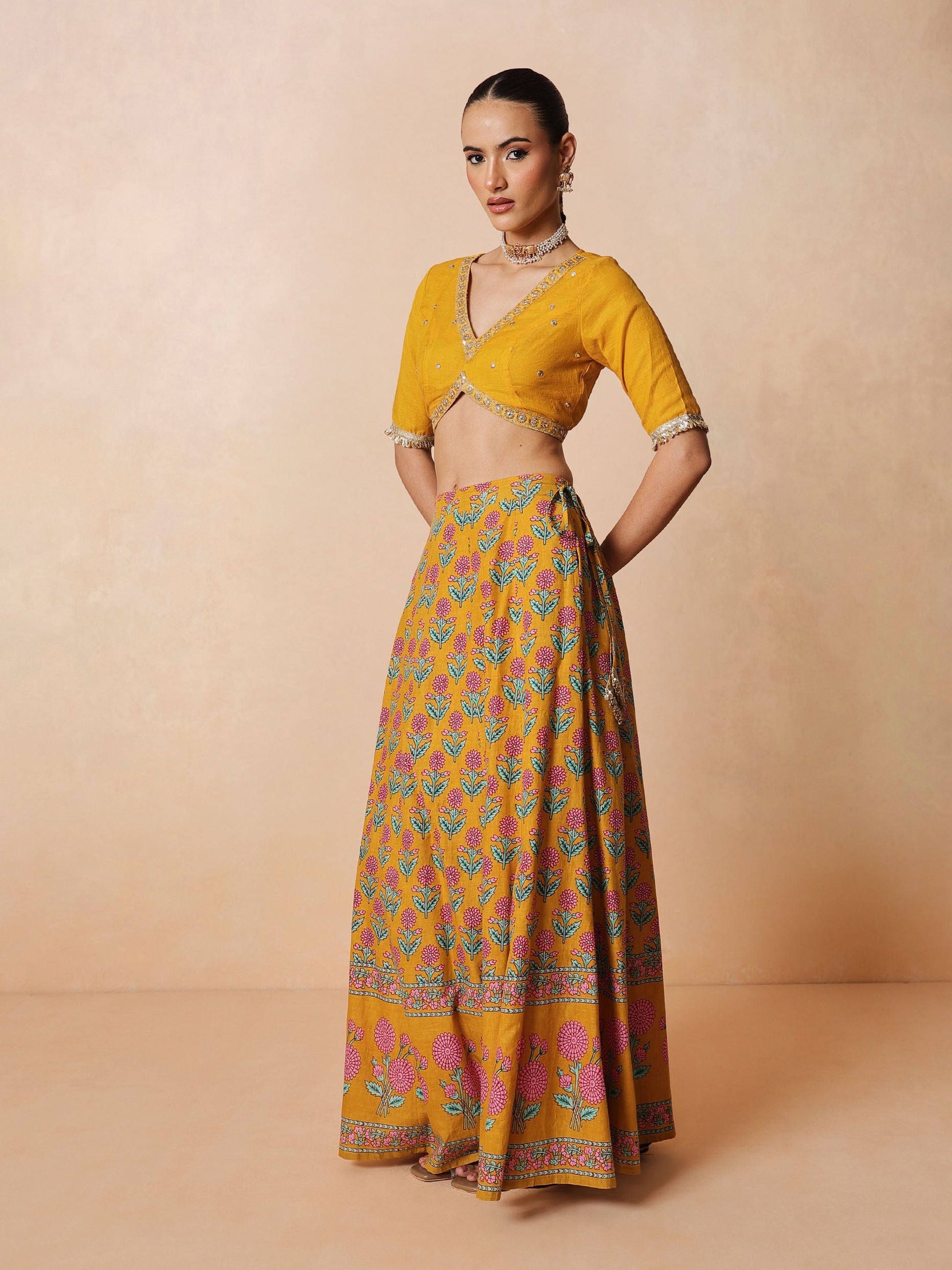 Yellow Embroidered Crop Top With Anarkali Skirt & Dupatta-Luxe - Shae by SASSAFRAS