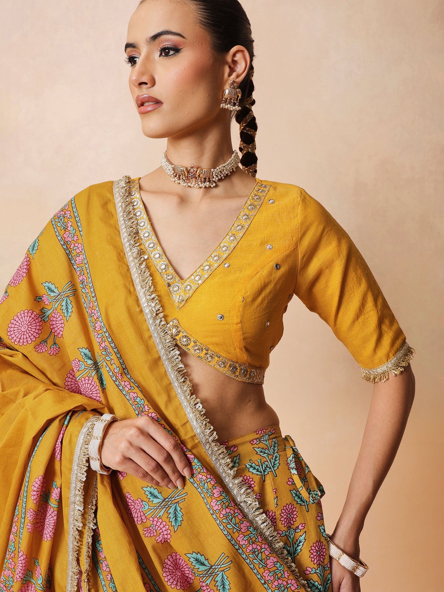 Yellow Embroidered Crop Top With Anarkali Skirt & Dupatta-Luxe - Shae by SASSAFRAS