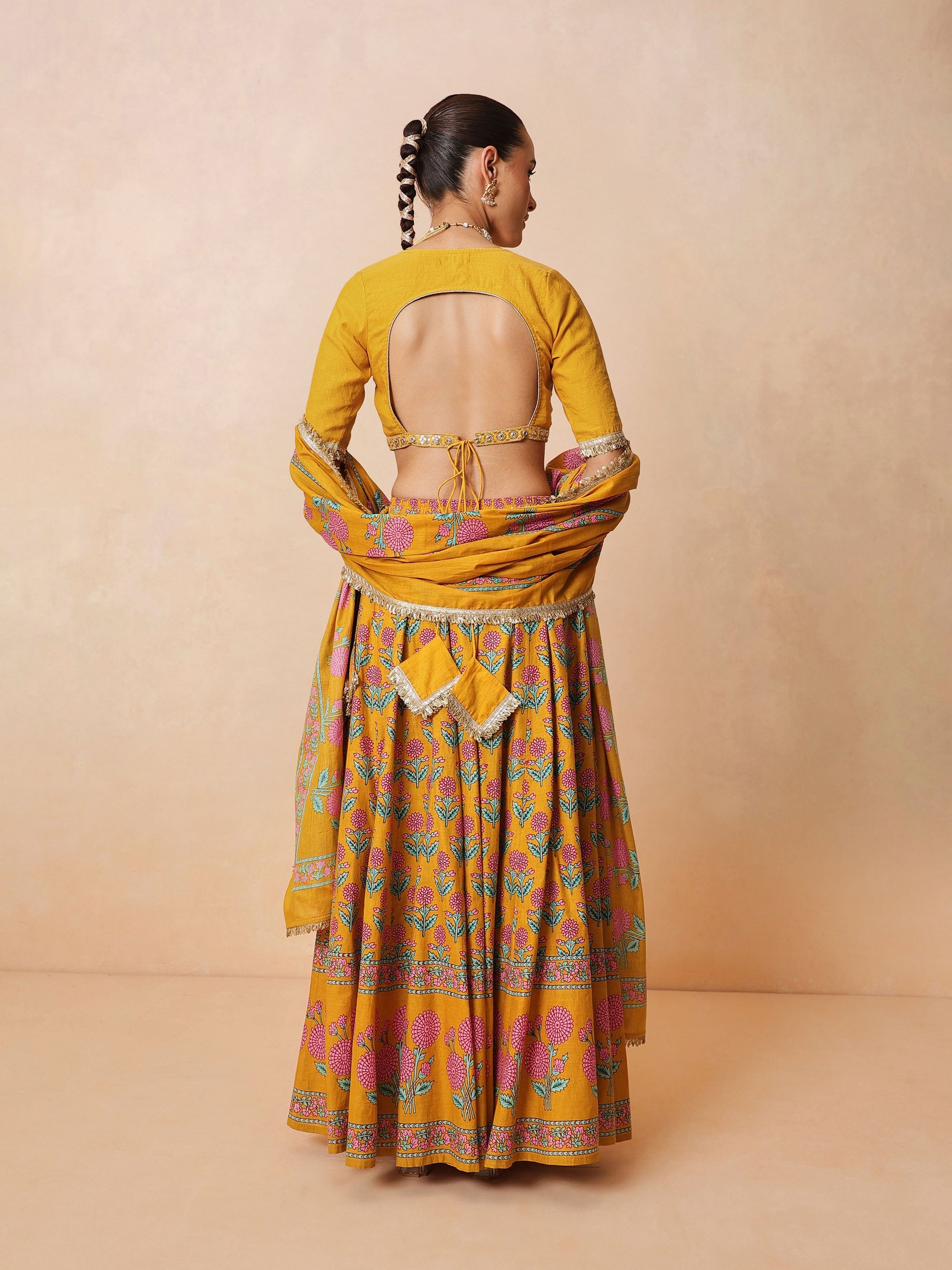 Yellow Embroidered Crop Top With Anarkali Skirt & Dupatta-Luxe - Shae by SASSAFRAS