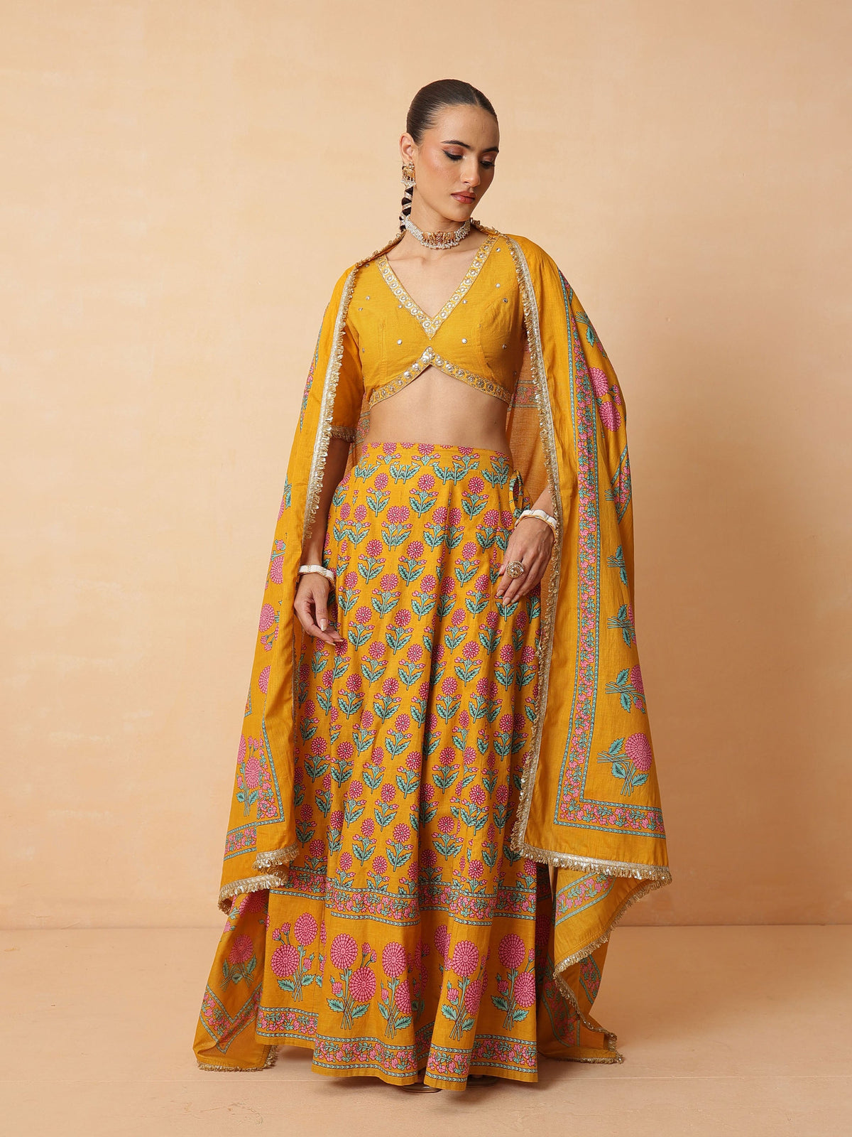 Yellow Embroidered Crop Top With Anarkali Skirt & Dupatta-Luxe - Shae by SASSAFRAS