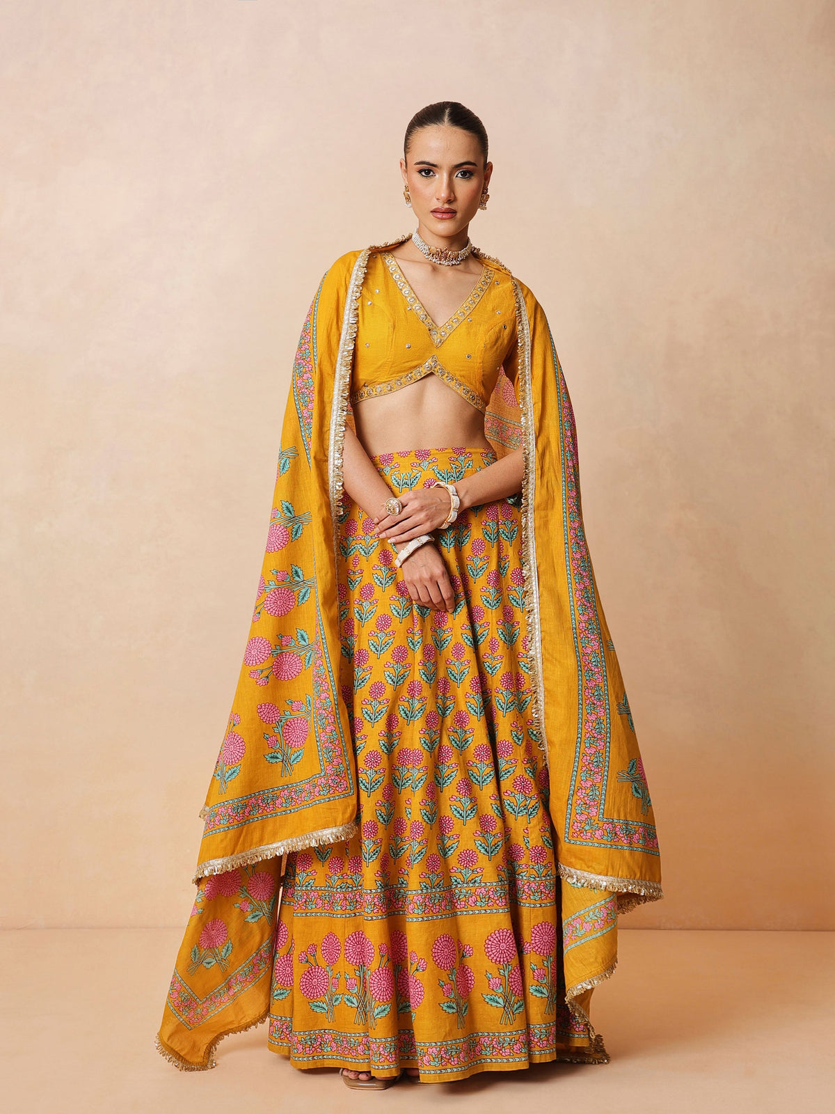 Yellow Embroidered Crop Top With Anarkali Skirt & Dupatta-Luxe - Shae by SASSAFRAS