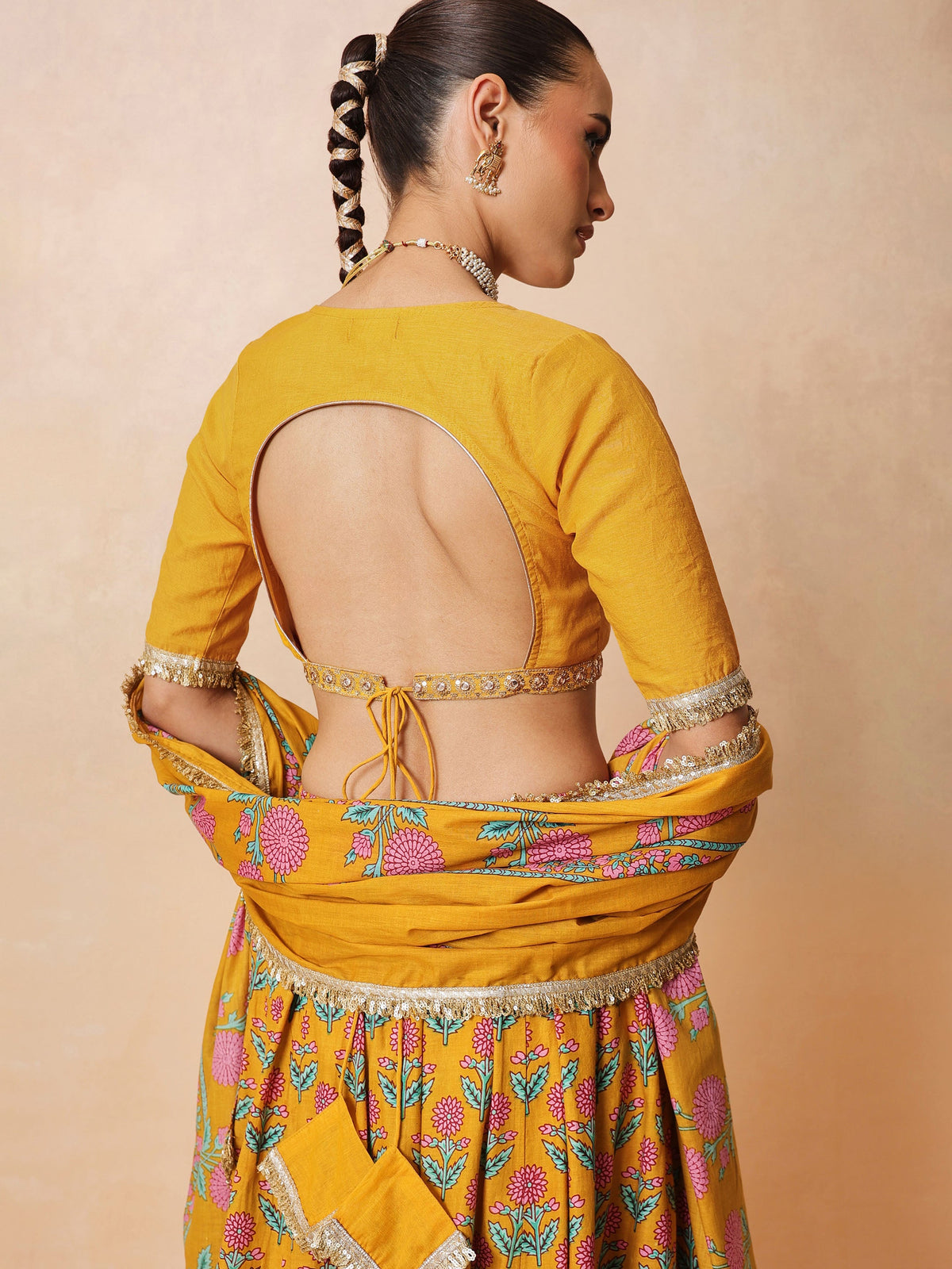 Yellow Embroidered Crop Top With Anarkali Skirt & Dupatta-Luxe - Shae by SASSAFRAS
