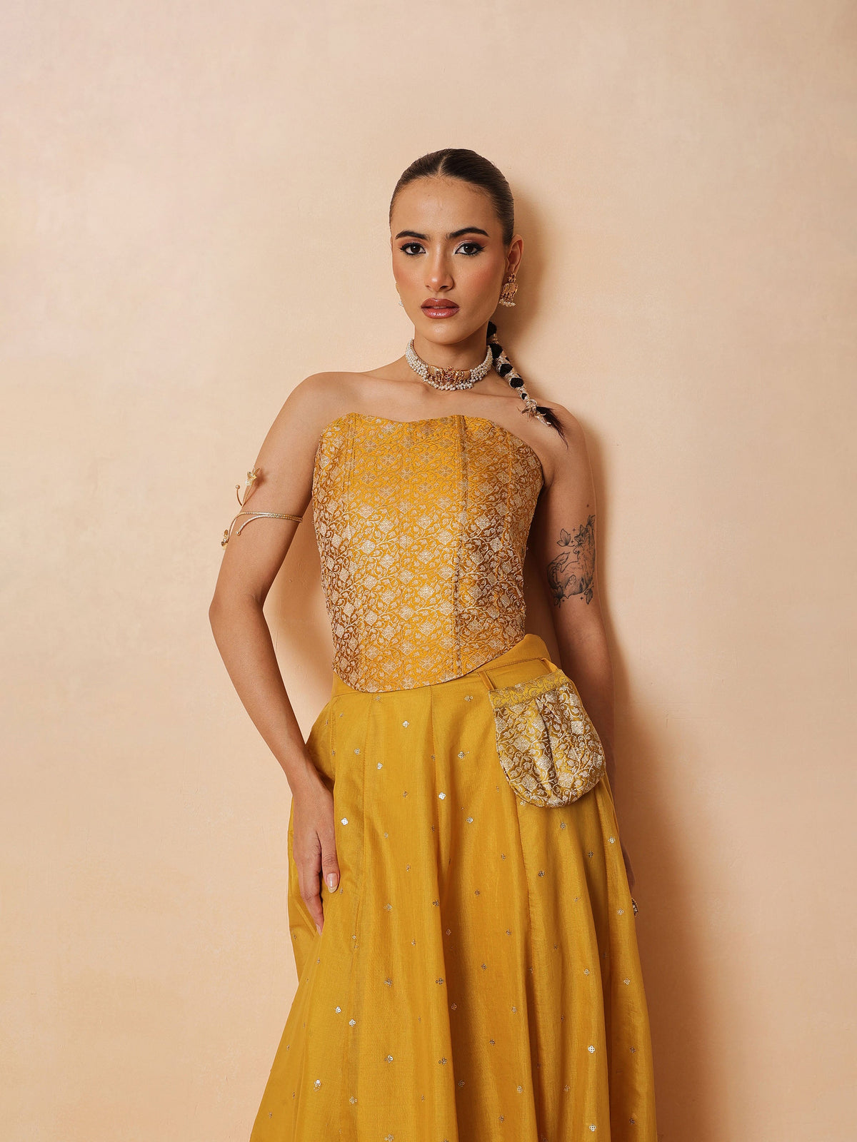 Yellow Brocade Corset Top With Chanderi Anarkali Skirt -Luxe - Shae by SASSAFRAS
