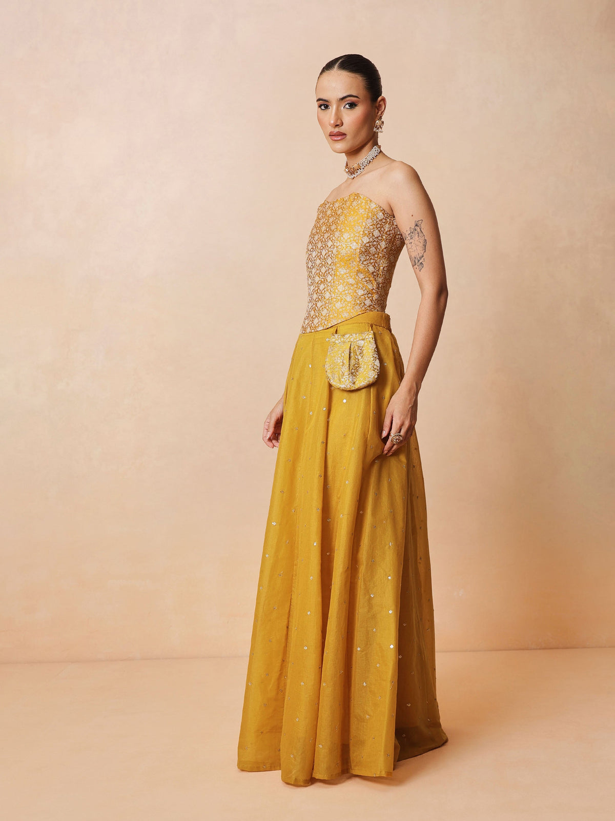 Yellow Brocade Corset Top With Chanderi Anarkali Skirt -Luxe - Shae by SASSAFRAS