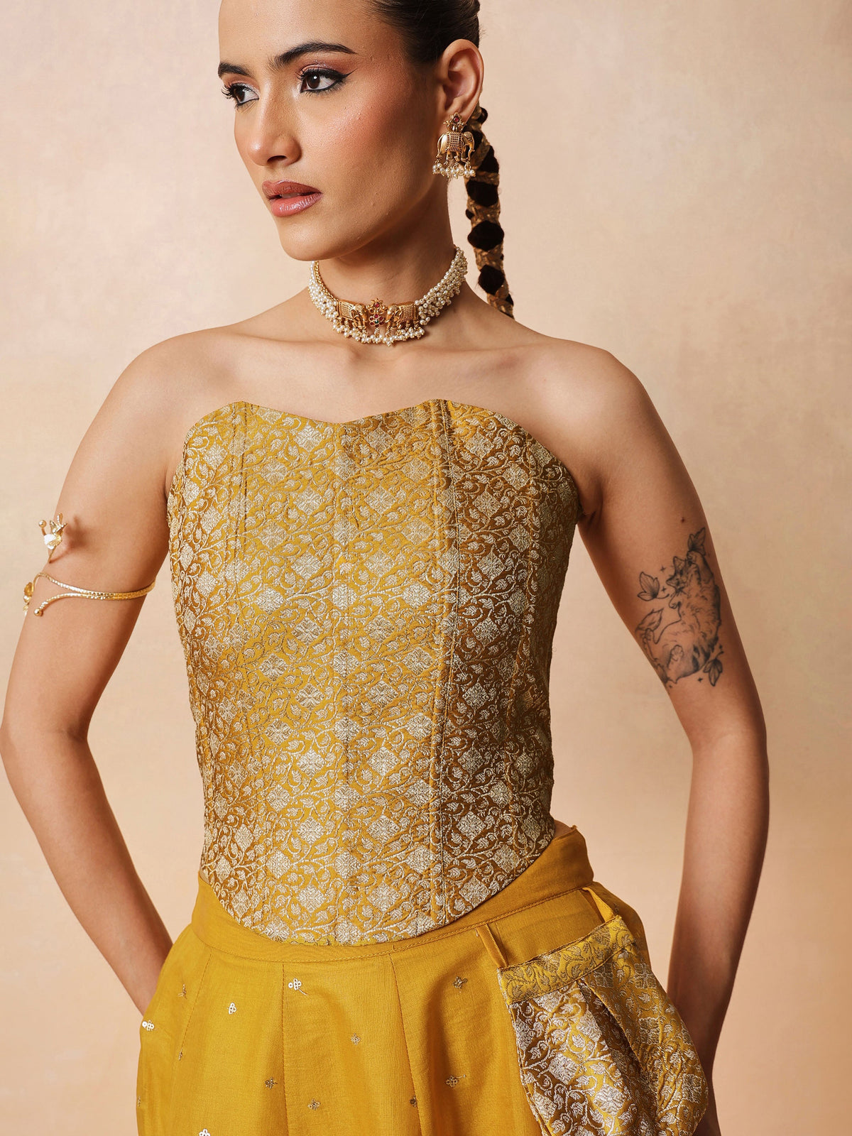 Yellow Brocade Corset Top With Chanderi Anarkali Skirt -Luxe - Shae by SASSAFRAS