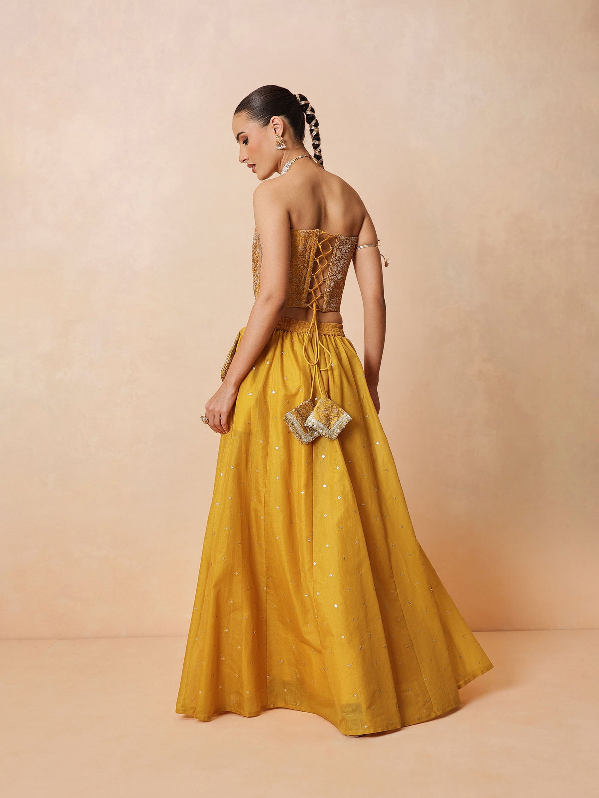 Yellow Brocade Corset Top With Chanderi Anarkali Skirt -Luxe - Shae by SASSAFRAS