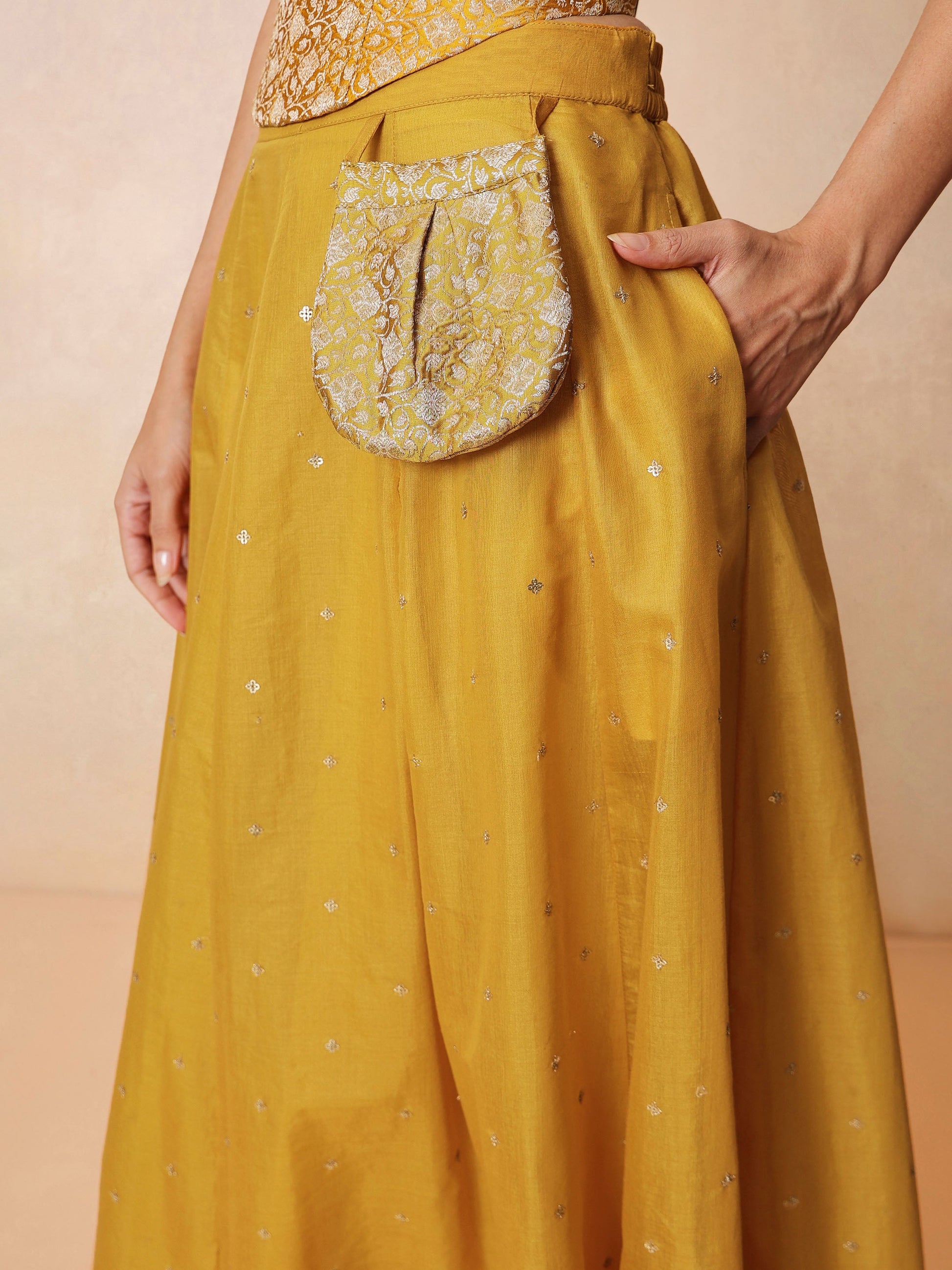 Yellow Brocade Corset Top With Chanderi Anarkali Skirt -Luxe - Shae by SASSAFRAS