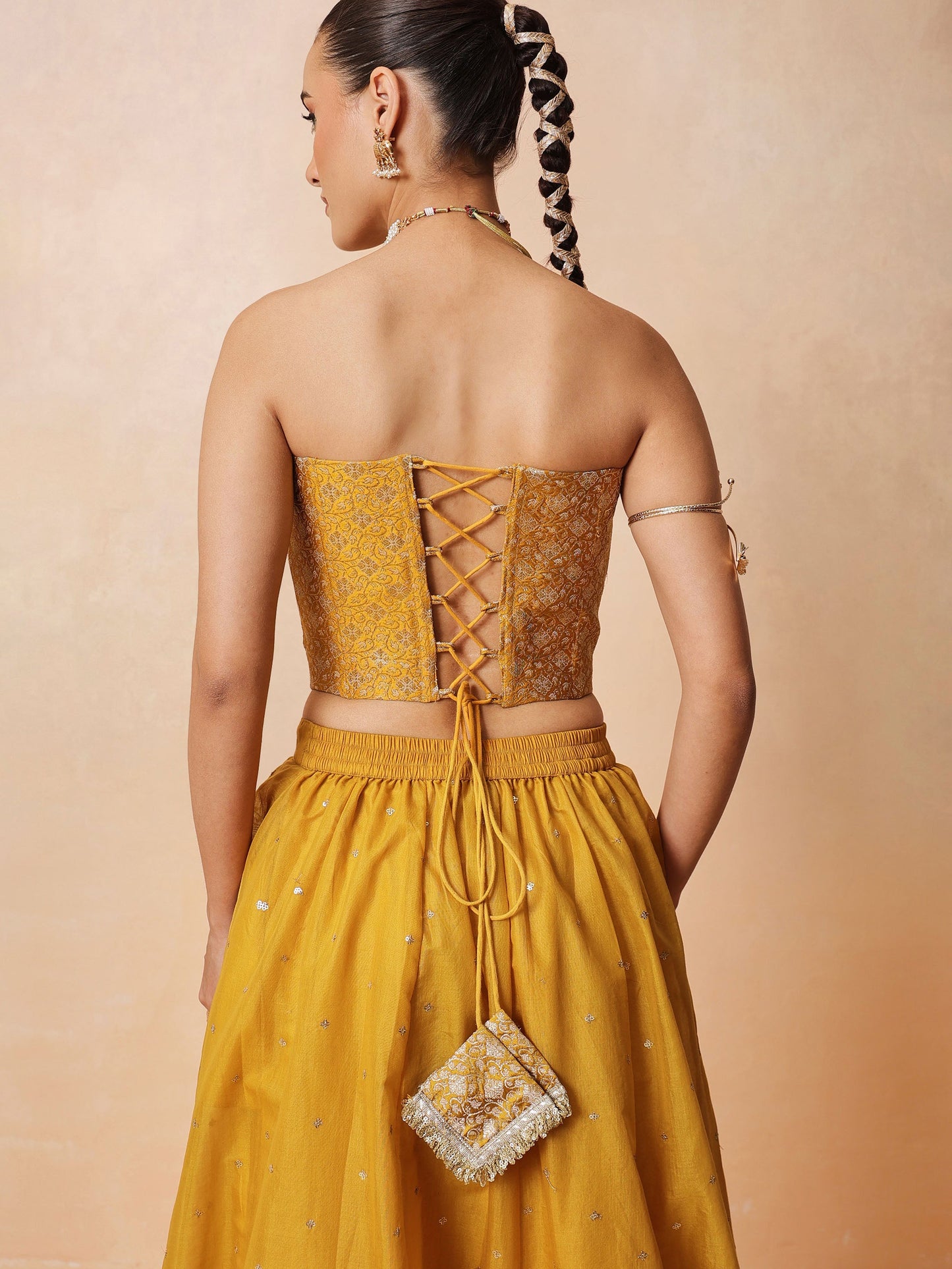 Yellow Brocade Corset Top With Chanderi Anarkali Skirt -Luxe - Shae by SASSAFRAS