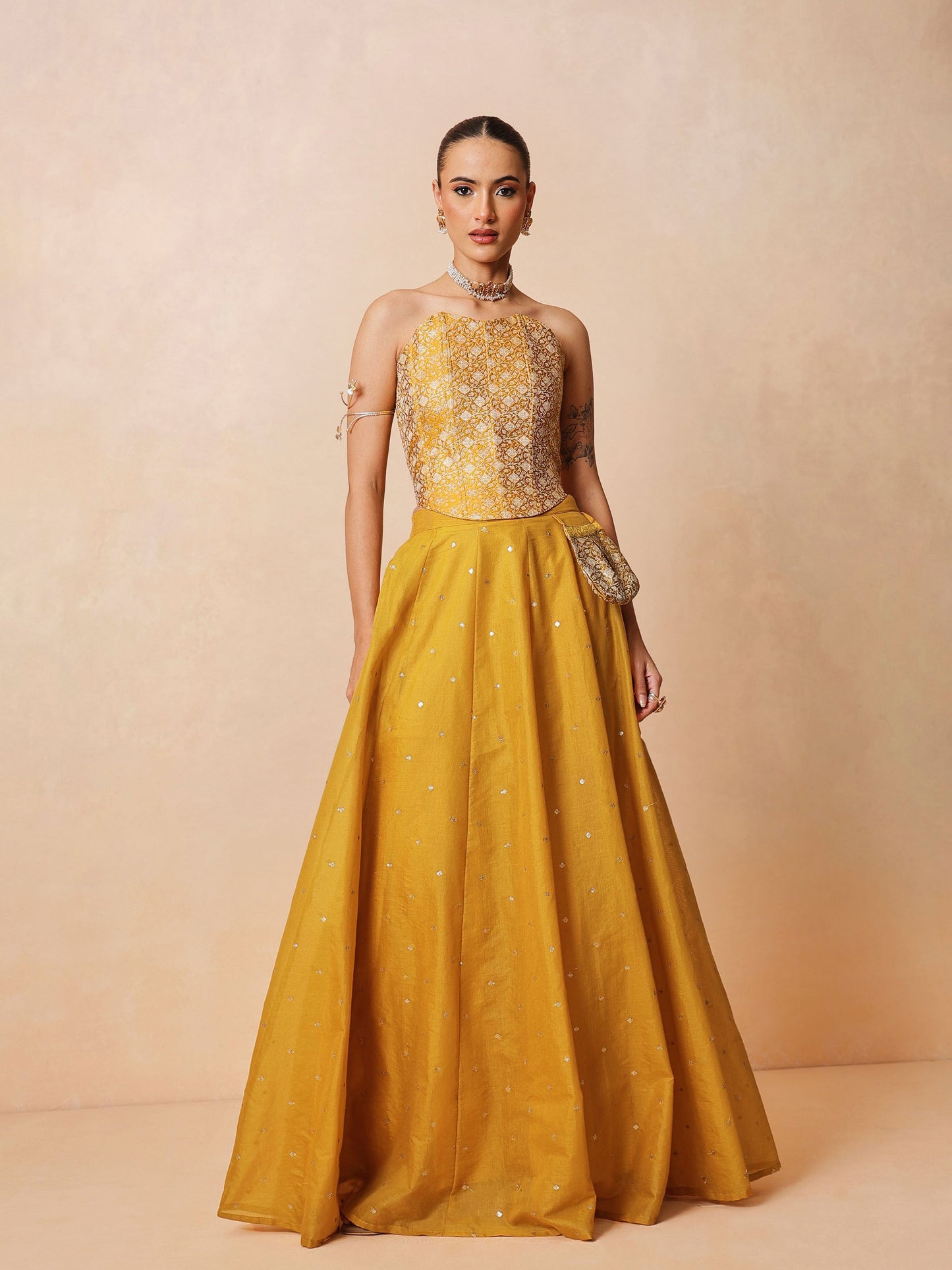 Yellow Brocade Corset Top With Chanderi Anarkali Skirt -Luxe - Shae by SASSAFRAS