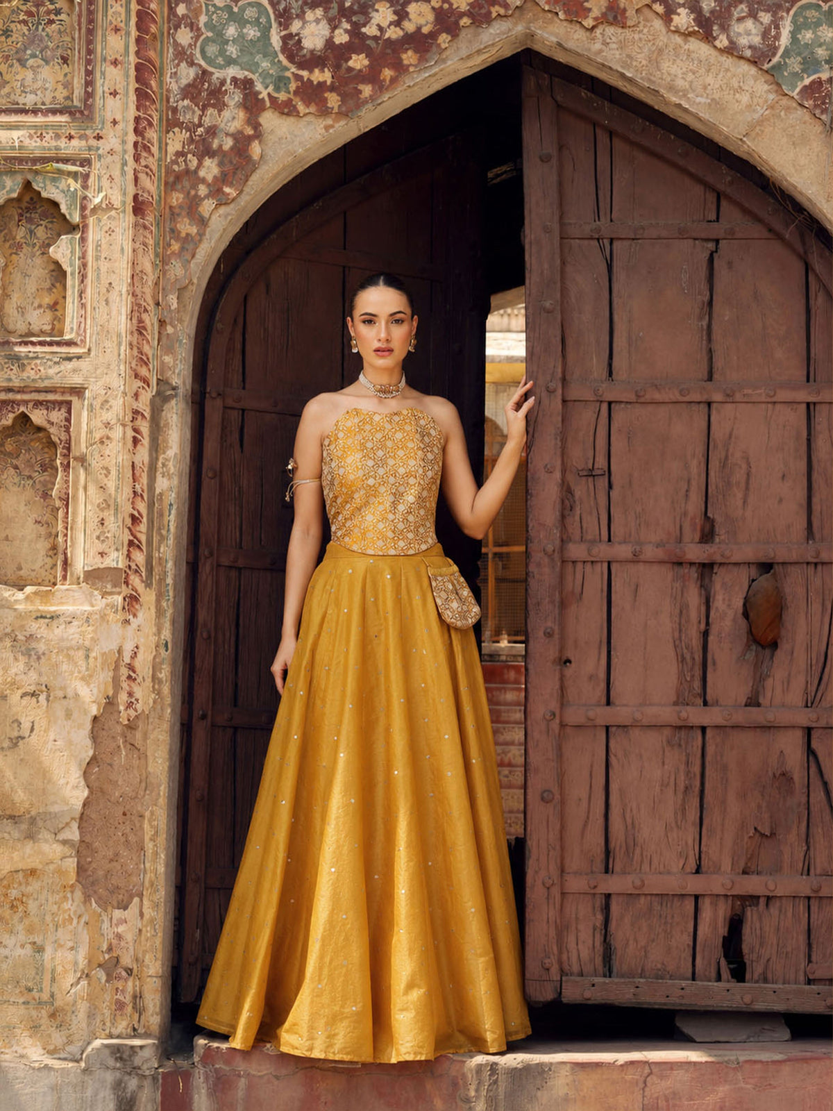 Yellow Brocade Corset Top With Chanderi Anarkali Skirt -Luxe - Shae by SASSAFRAS
