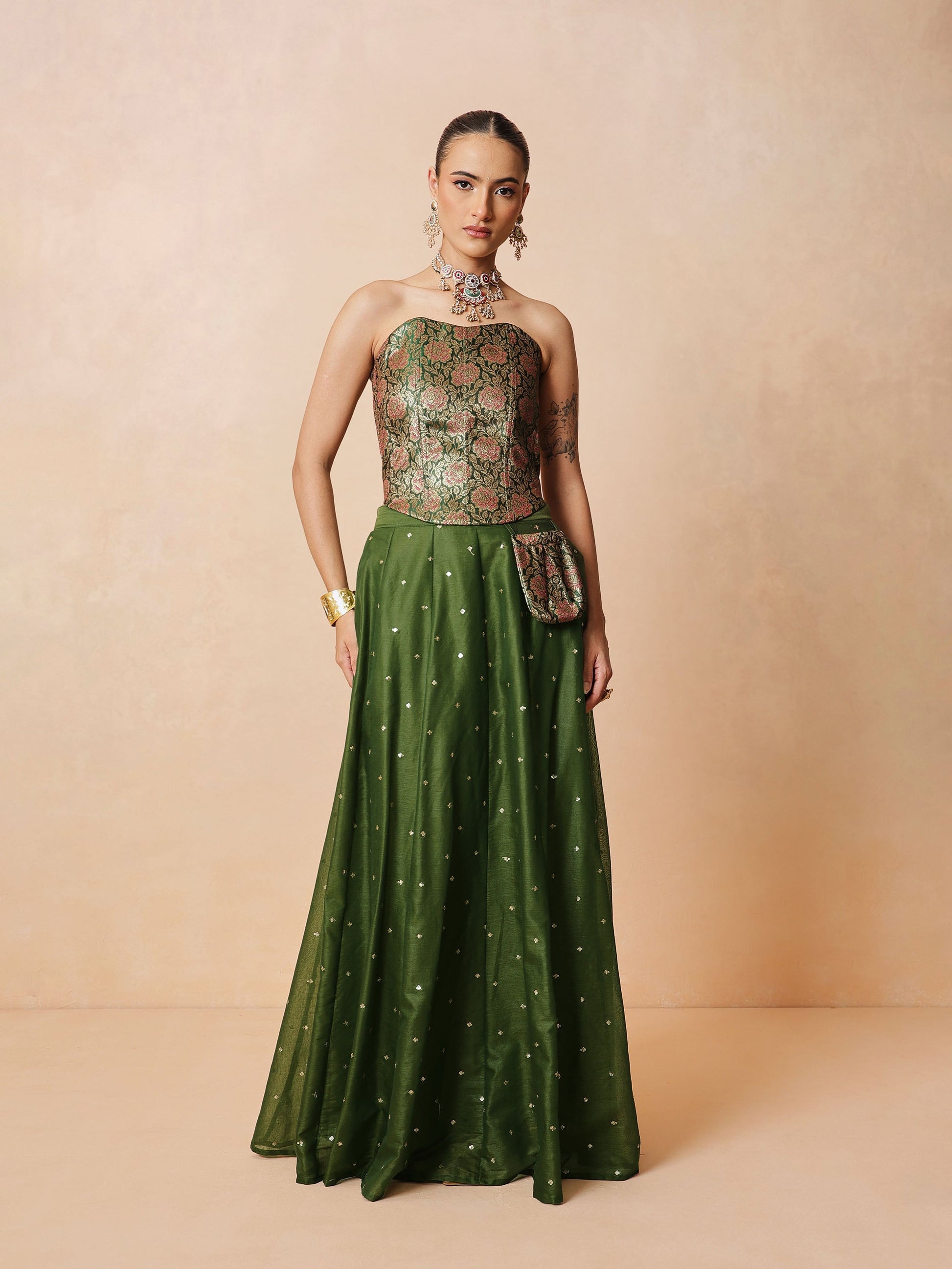 Olive Brocade Corset Top With Chanderi Anarkali Skirt -Luxe - Shae by SASSAFRAS