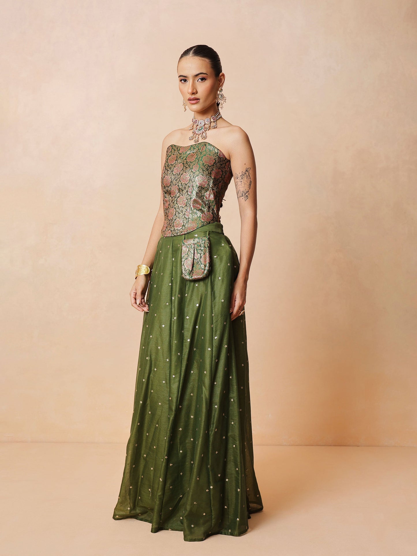 Olive Brocade Corset Top With Chanderi Anarkali Skirt -Luxe - Shae by SASSAFRAS