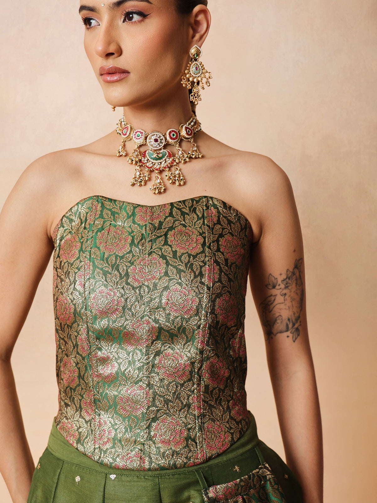 Olive Brocade Corset Top With Chanderi Anarkali Skirt -Luxe - Shae by SASSAFRAS