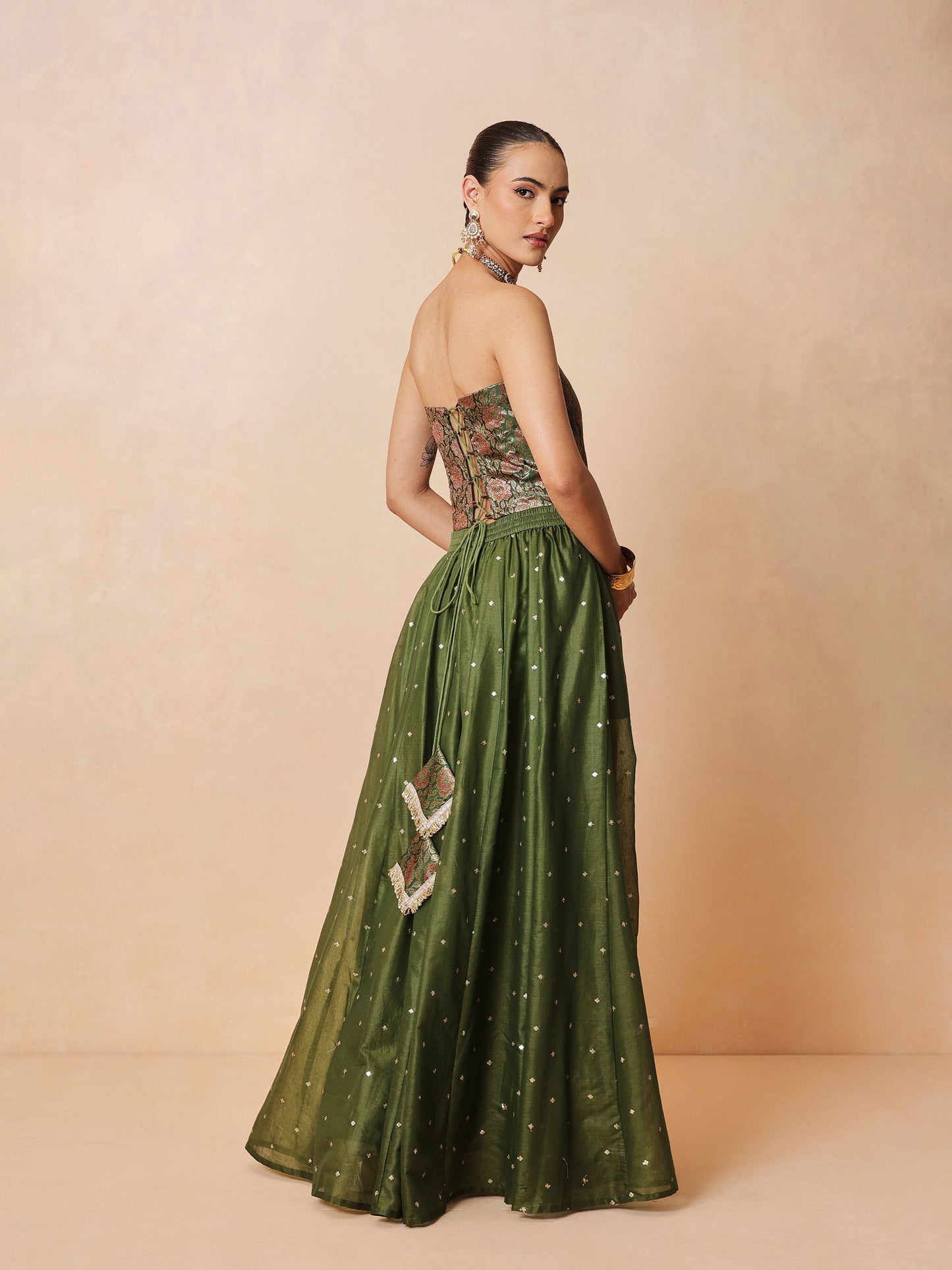 Olive Brocade Corset Top With Chanderi Anarkali Skirt -Luxe - Shae by SASSAFRAS