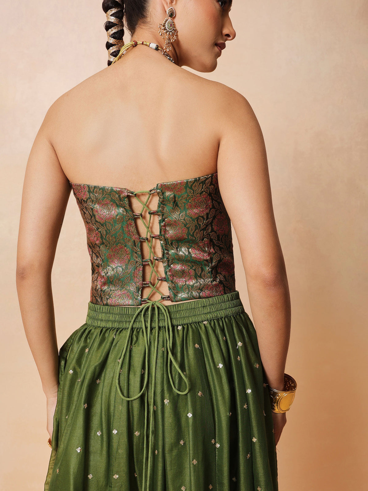 Olive Brocade Corset Top With Chanderi Anarkali Skirt -Luxe - Shae by SASSAFRAS