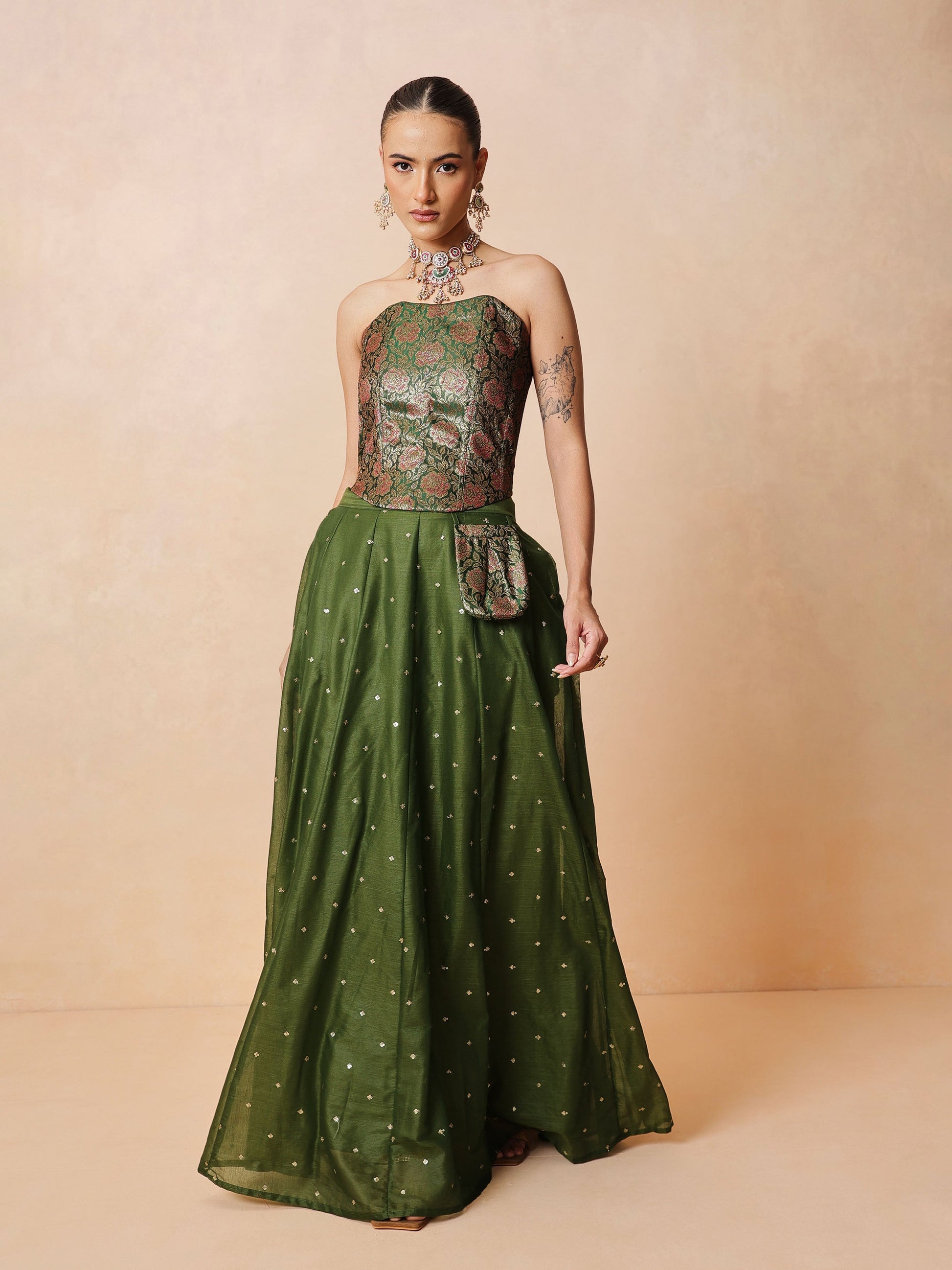 Olive Brocade Corset Top With Chanderi Anarkali Skirt -Luxe - Shae by SASSAFRAS
