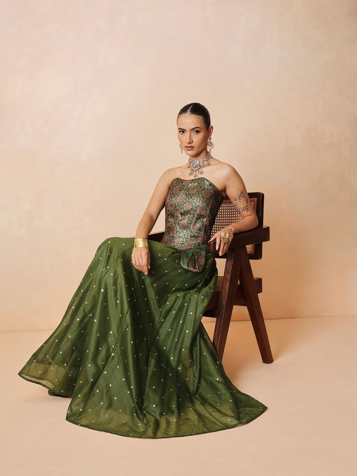 Olive Brocade Corset Top With Chanderi Anarkali Skirt -Luxe - Shae by SASSAFRAS