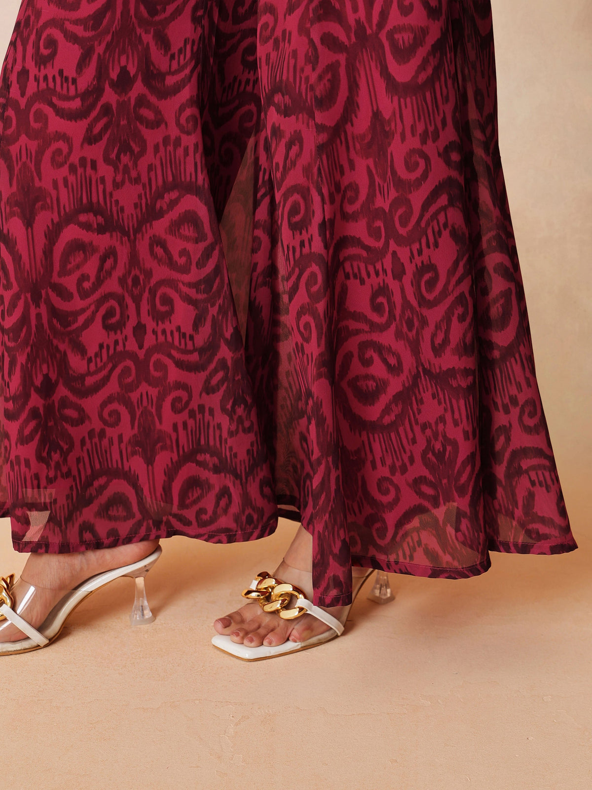 Fuchsia & Brown Ikat Print Corset with Palazzo Pants-Shae by SASSAFRAS