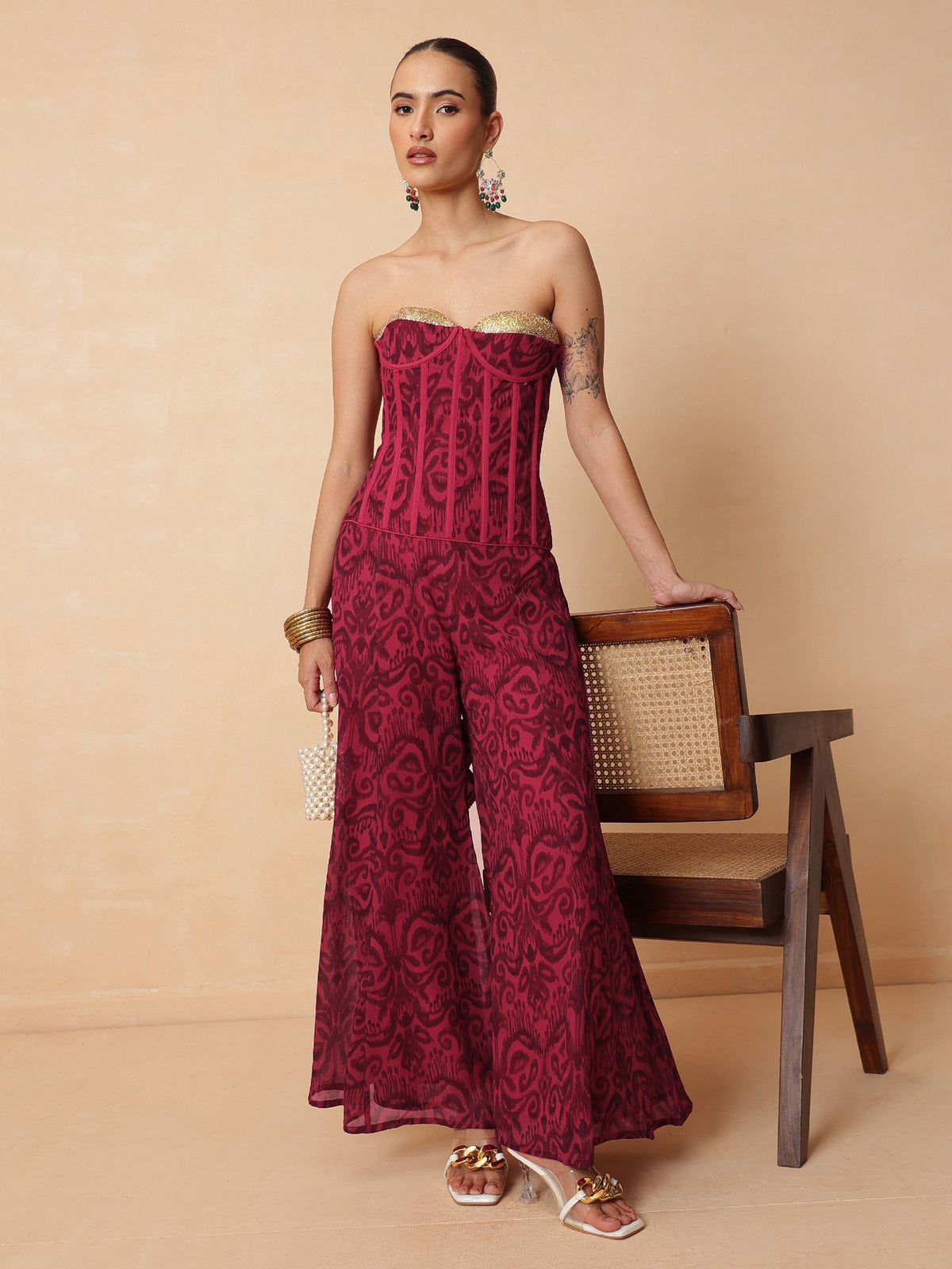 Fuchsia & Brown Ikat Print Corset with Palazzo Pants-Shae by SASSAFRAS