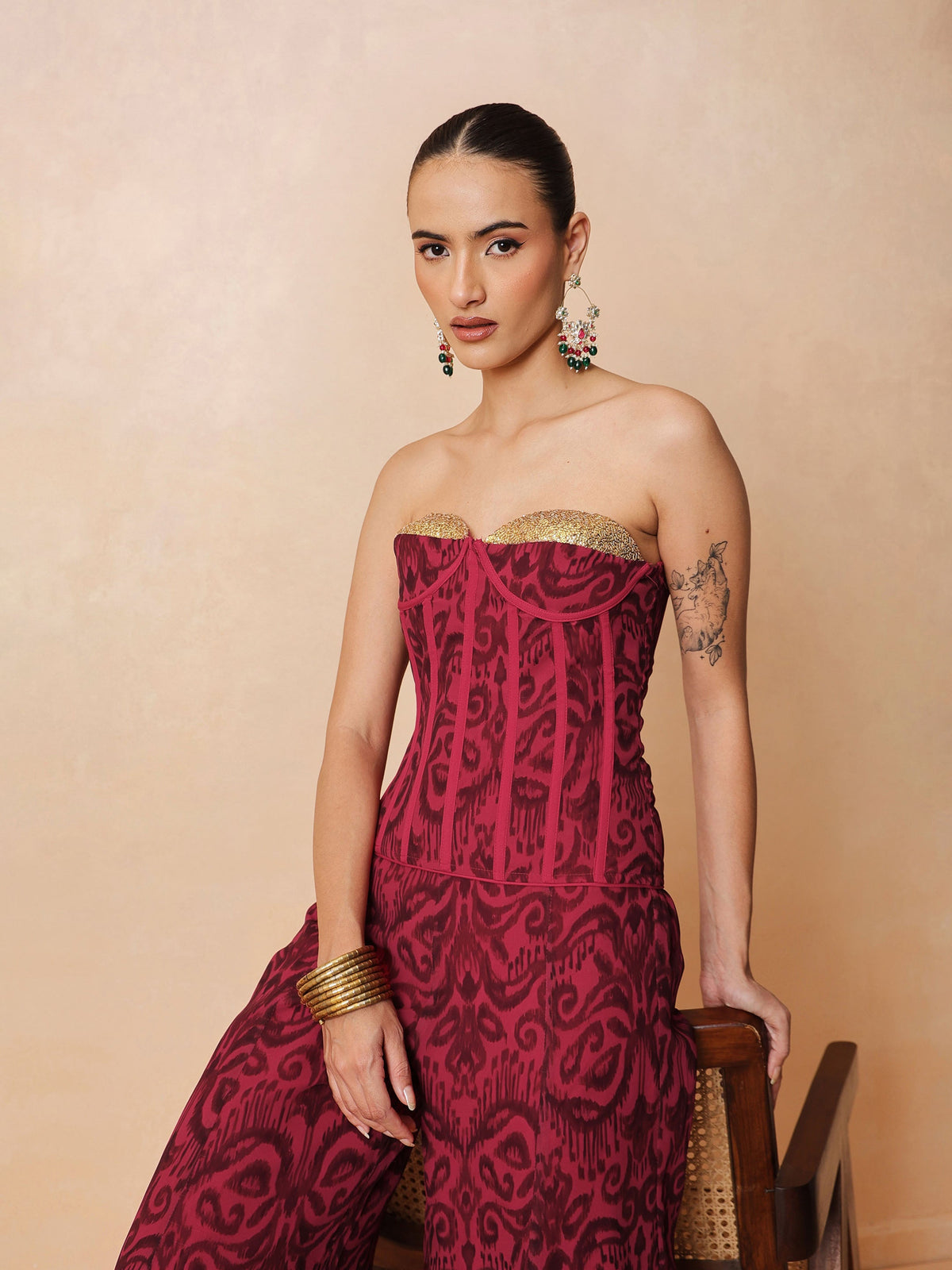 Fuchsia & Brown Ikat Print Corset with Palazzo Pants-Shae by SASSAFRAS