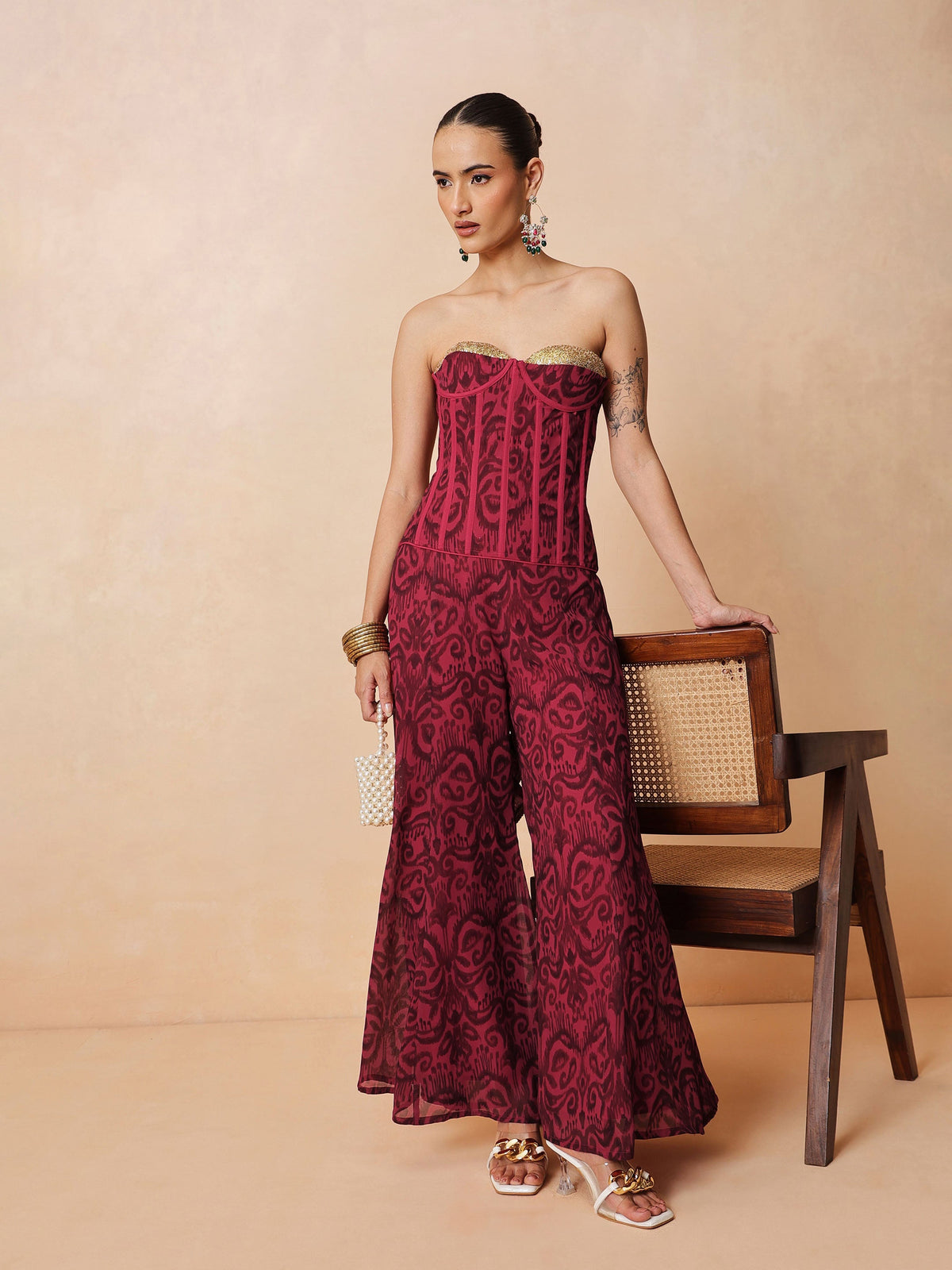 Fuchsia & Brown Ikat Print Corset with Palazzo Pants-Shae by SASSAFRAS
