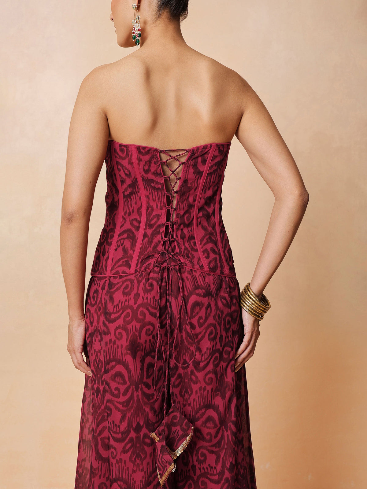Fuchsia & Brown Ikat Print Corset with Palazzo Pants-Shae by SASSAFRAS