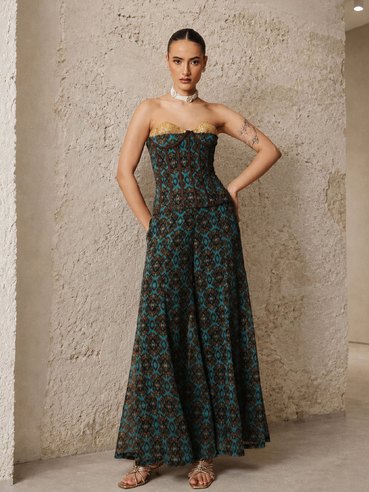 Teal & Brown Ikat Print Corset with Palazzo Pants-Shae by SASSAFRAS