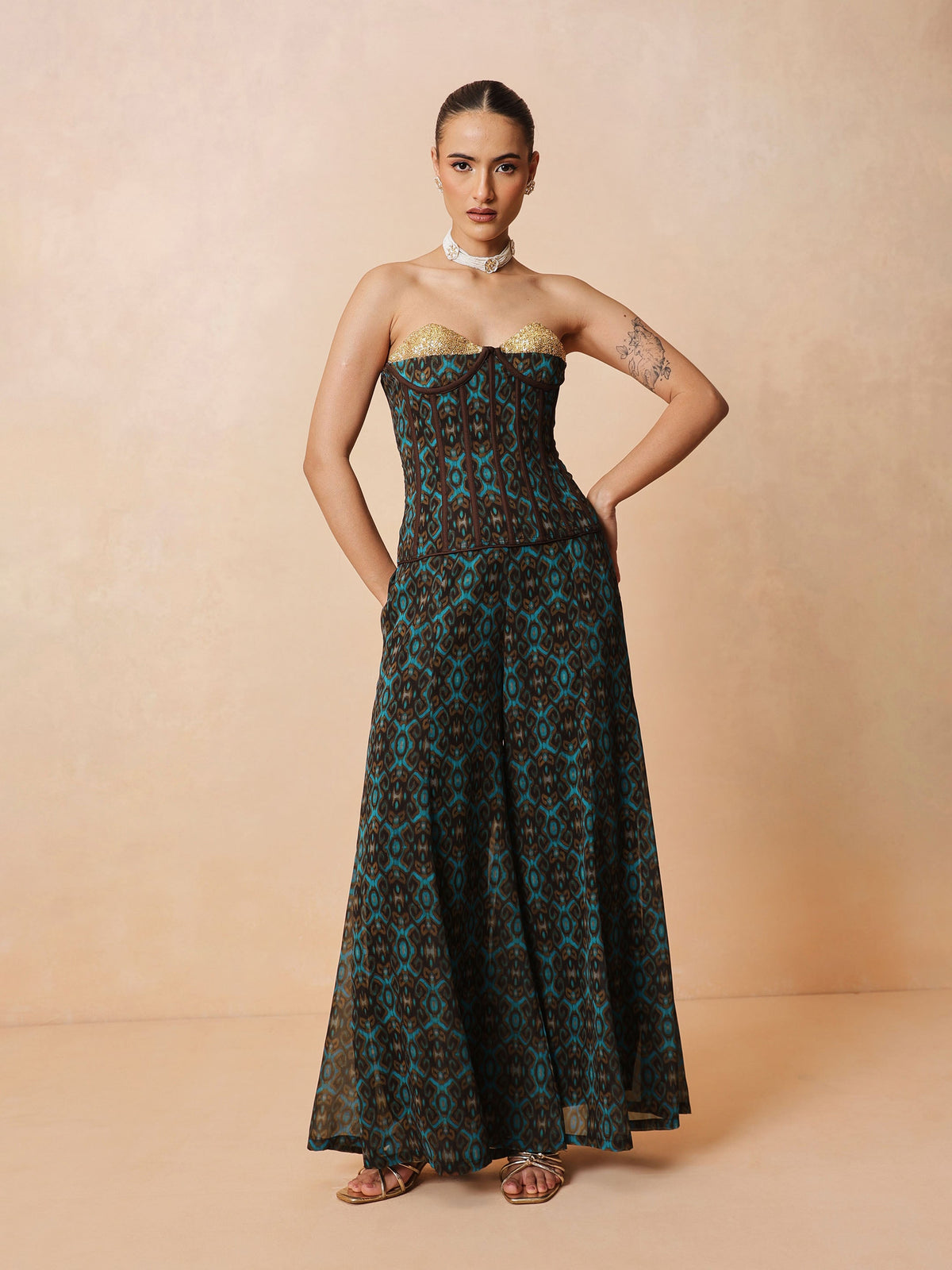 Teal & Brown Ikat Print Corset with Palazzo Pants-Shae by SASSAFRAS
