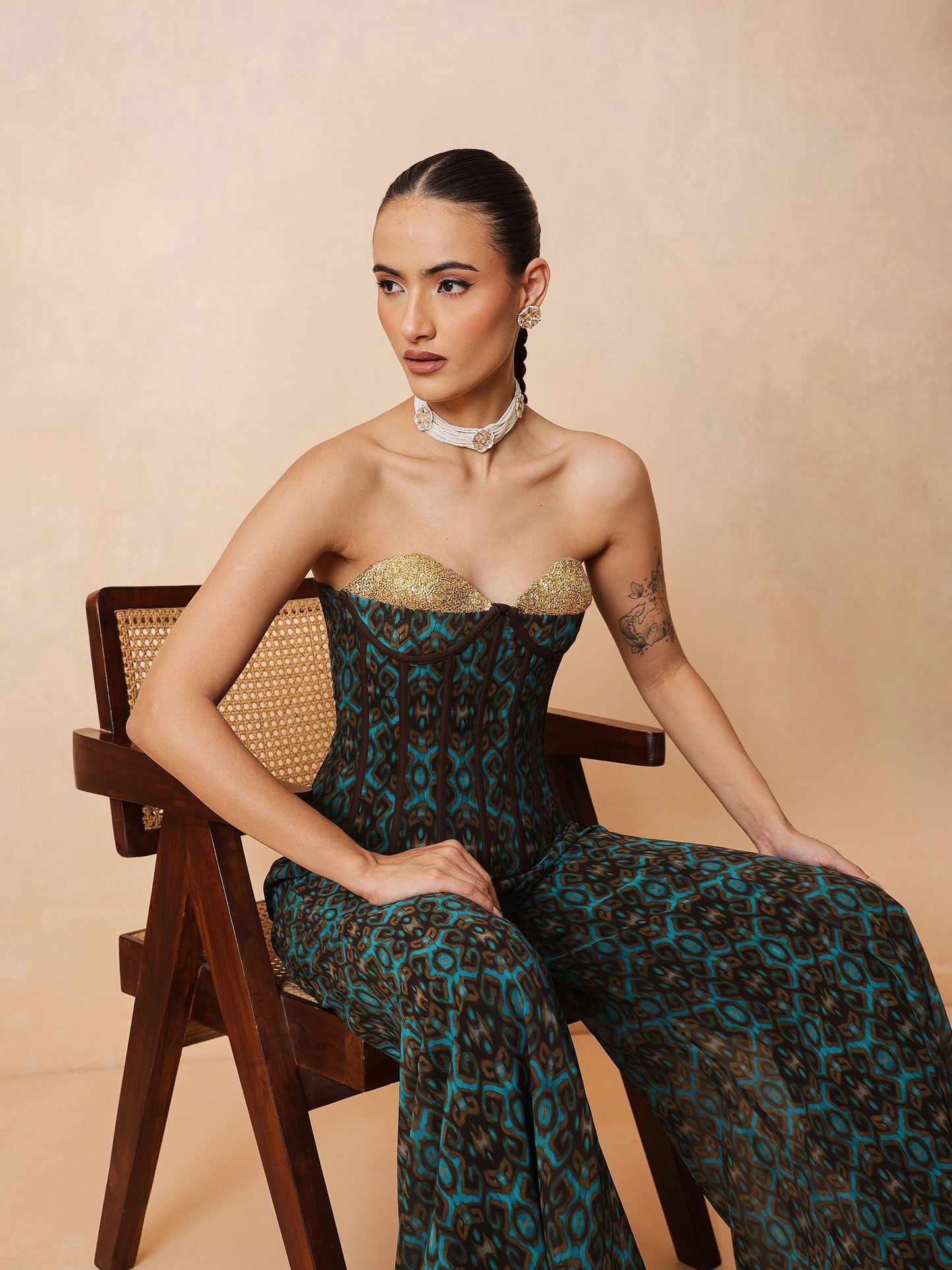 Teal & Brown Ikat Print Corset with Palazzo Pants-Shae by SASSAFRAS