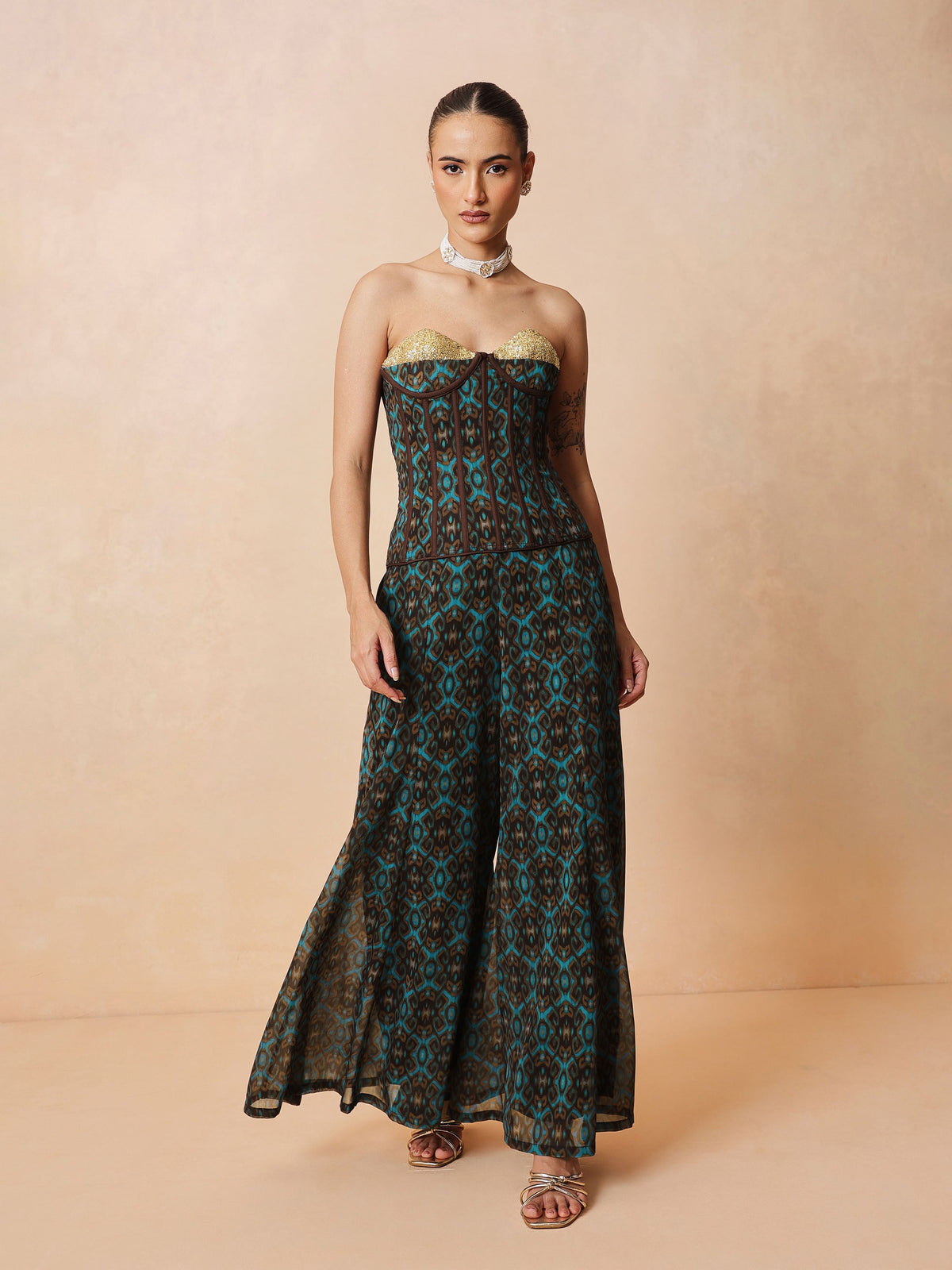 Teal & Brown Ikat Print Corset with Palazzo Pants-Shae by SASSAFRAS