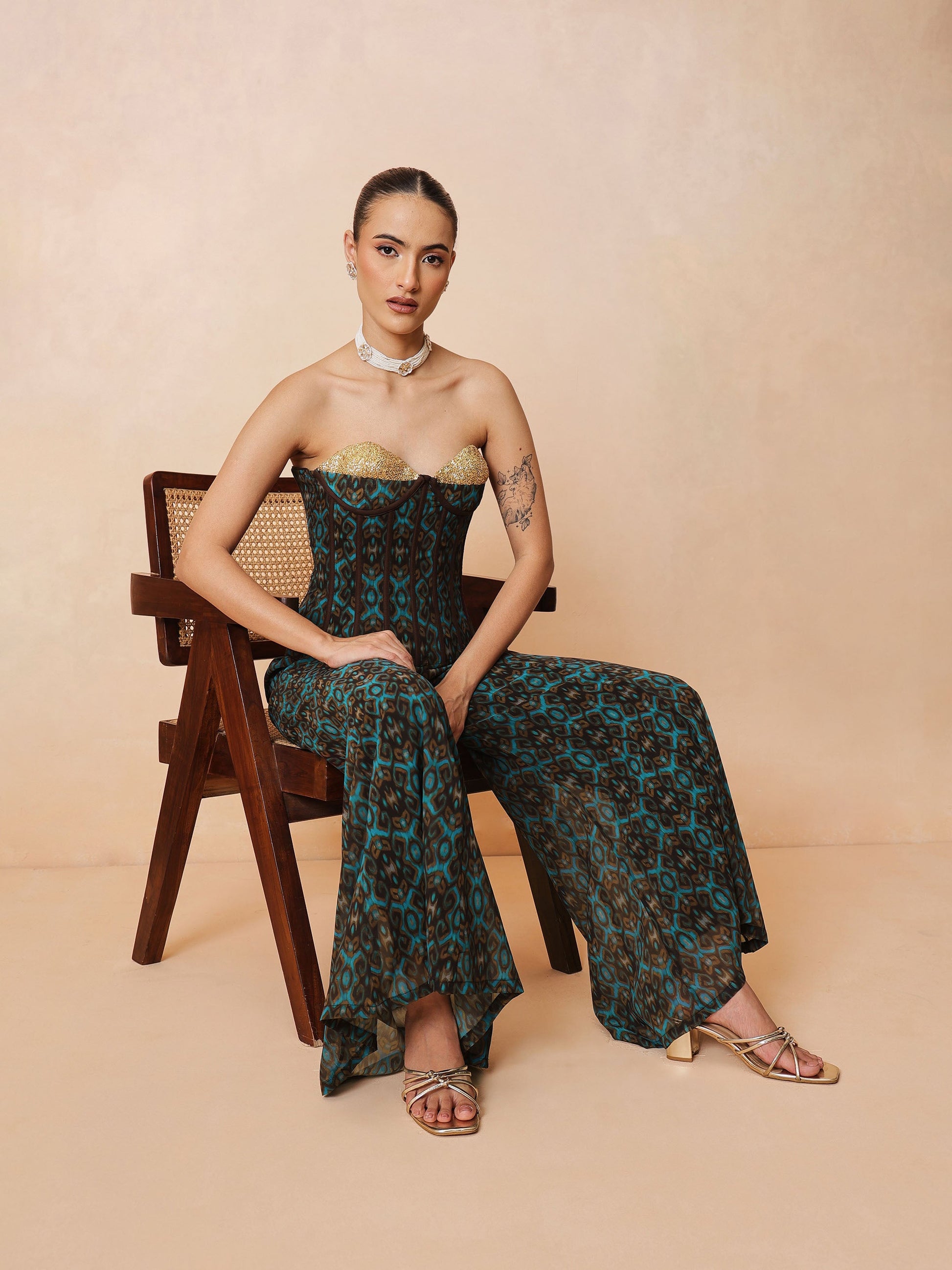 Teal & Brown Ikat Print Corset with Palazzo Pants-Shae by SASSAFRAS