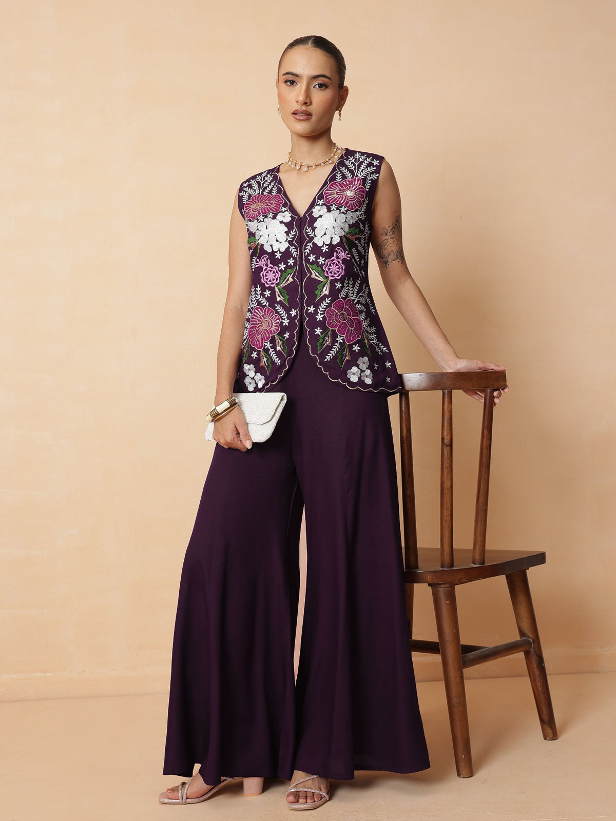 Women Purple Embroidered Top With Palazzo Pants