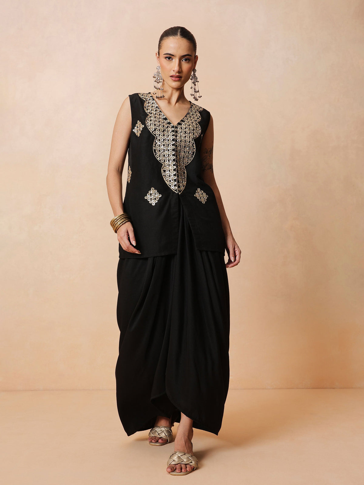 Black Embroidered Sleeveless Top With Dhoti Skirt -Shae by SASSAFRAS